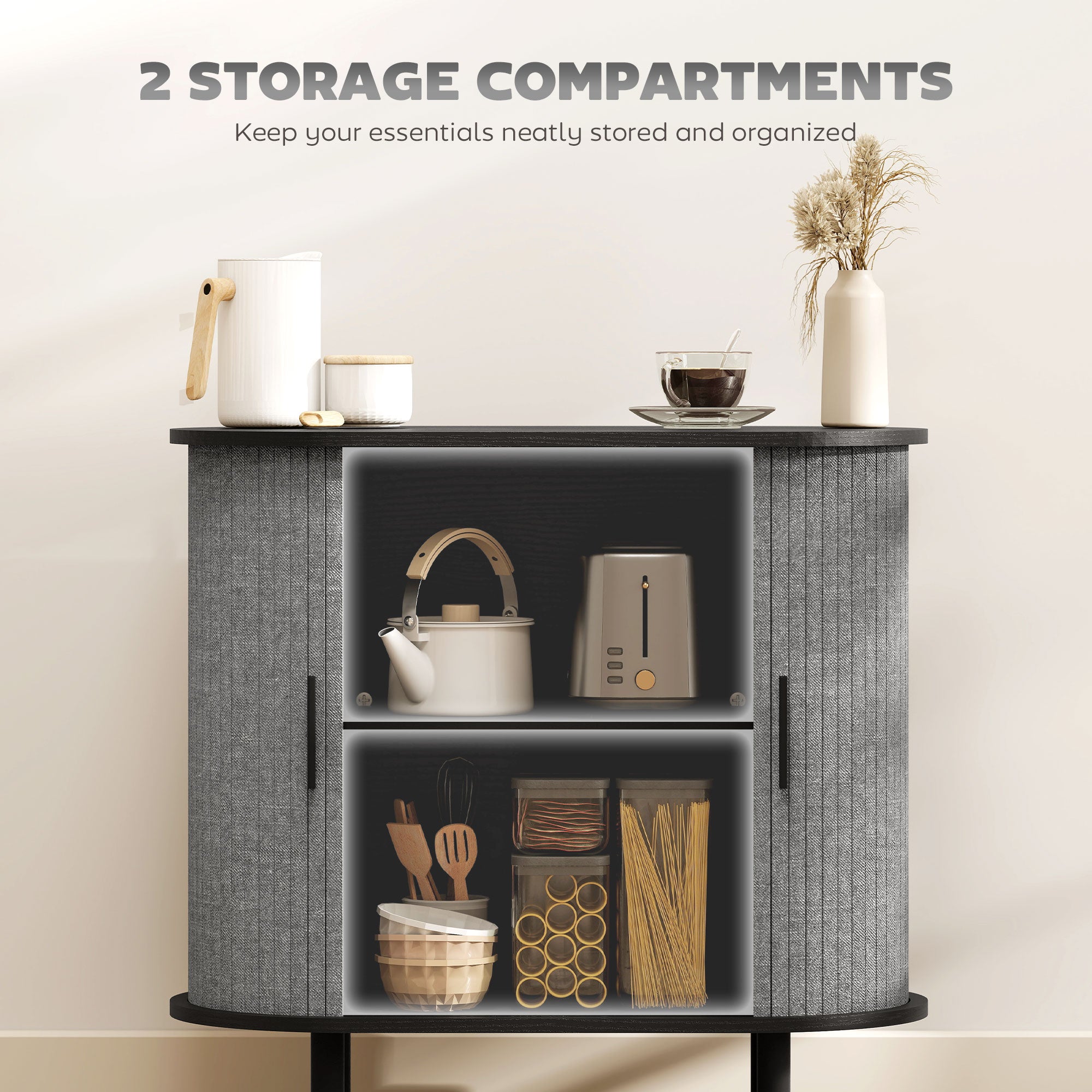 Kozy Tambour Sideboard with Fluted Sliding Doors, Modern Kitchen Cupboard with Storage Shelves and Wooden Legs, Grey