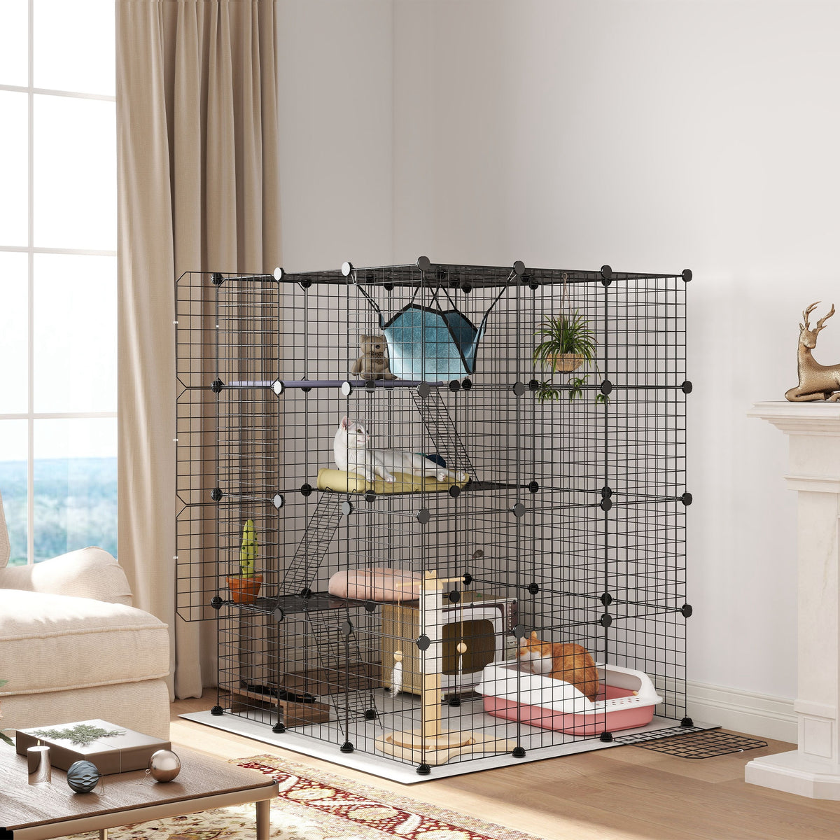 Kozy - Steel Wire Cat Cage Indoor with Hammock, Ramps, Doors, DIY Cat Enclosure for 1-3 Cats, Black