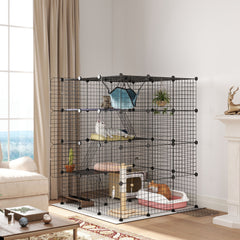 Kozy - Steel Wire Cat Cage Indoor with Hammock, Ramps, Doors, DIY Cat Enclosure for 1-3 Cats, Black