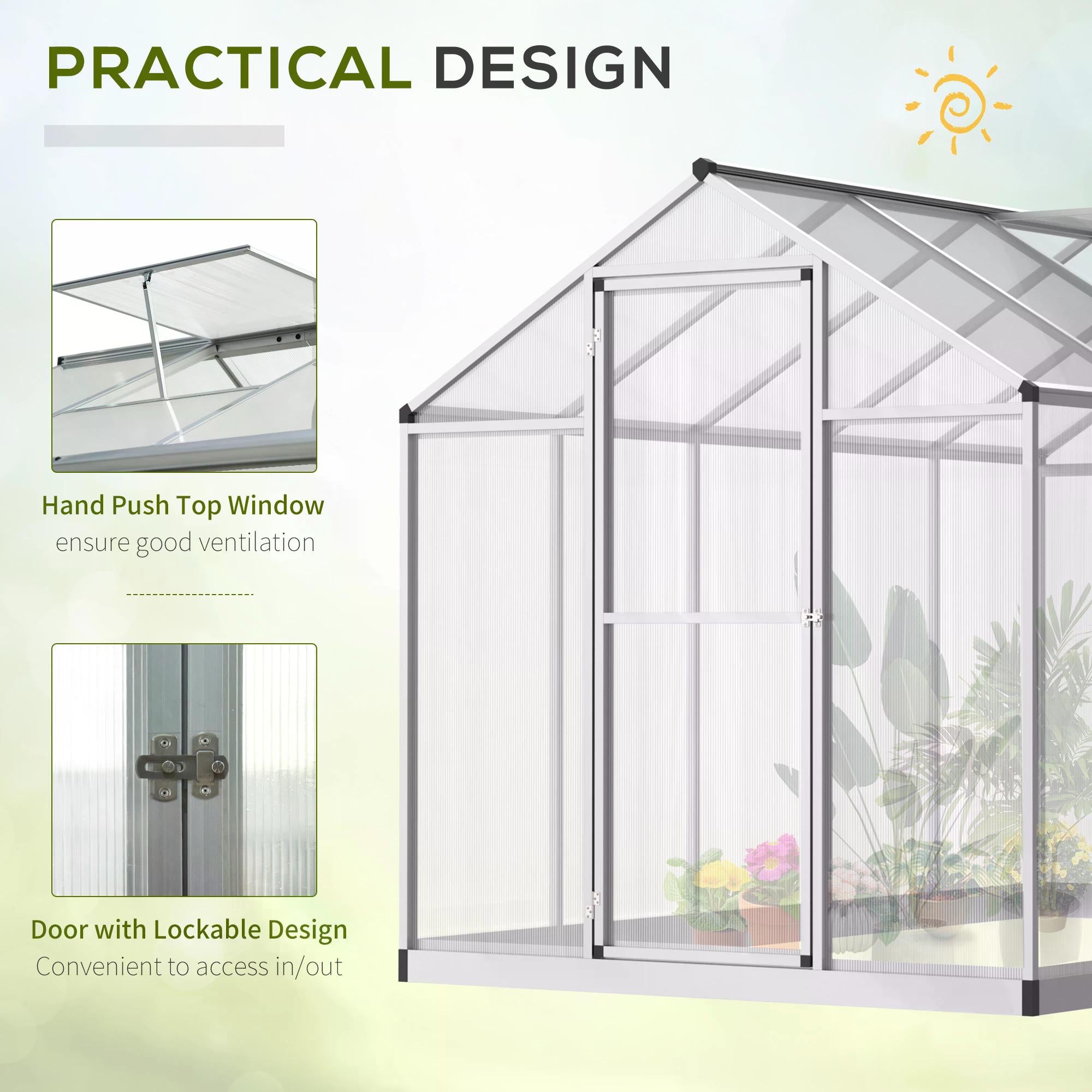 Outsunny 6x10ft Clear Polycarbonate Greenhouse Aluminium Frame Large Walk