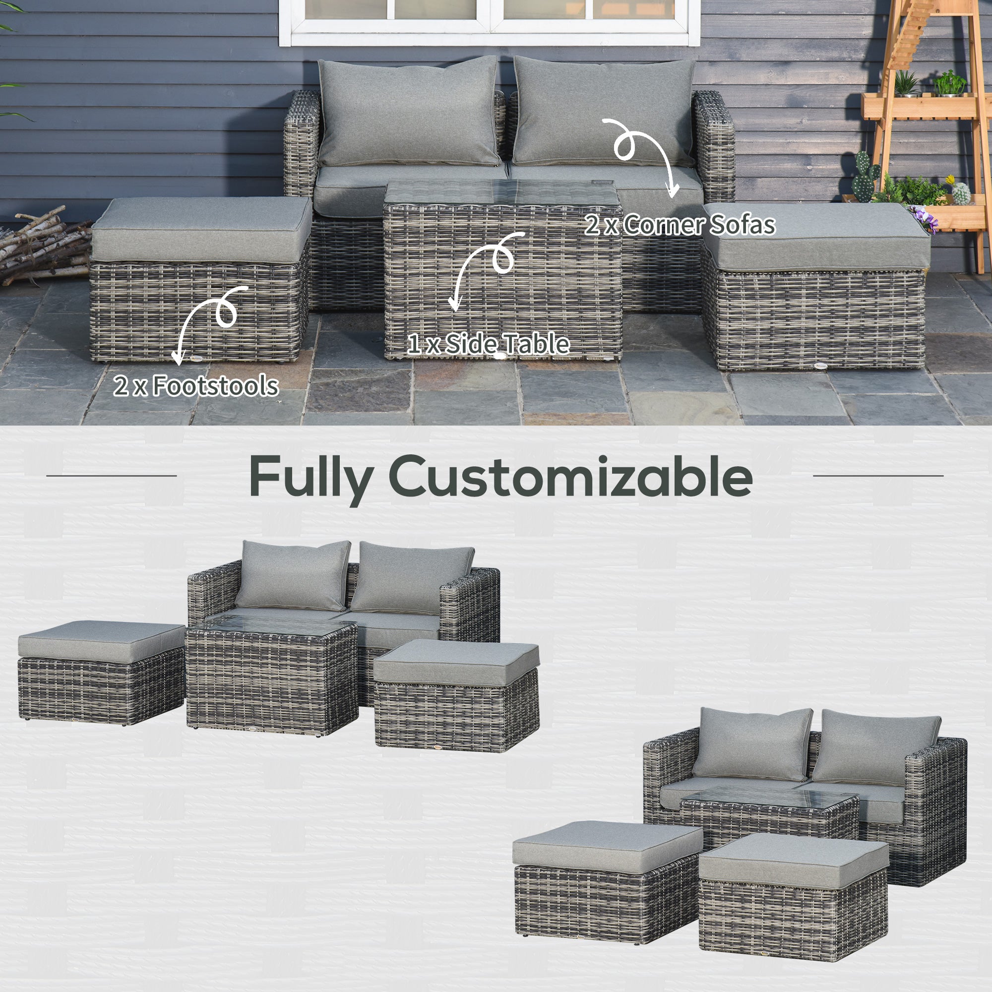 Kozy Five Piece Rattan Armchair, Stool and Table Set - Mixed Grey