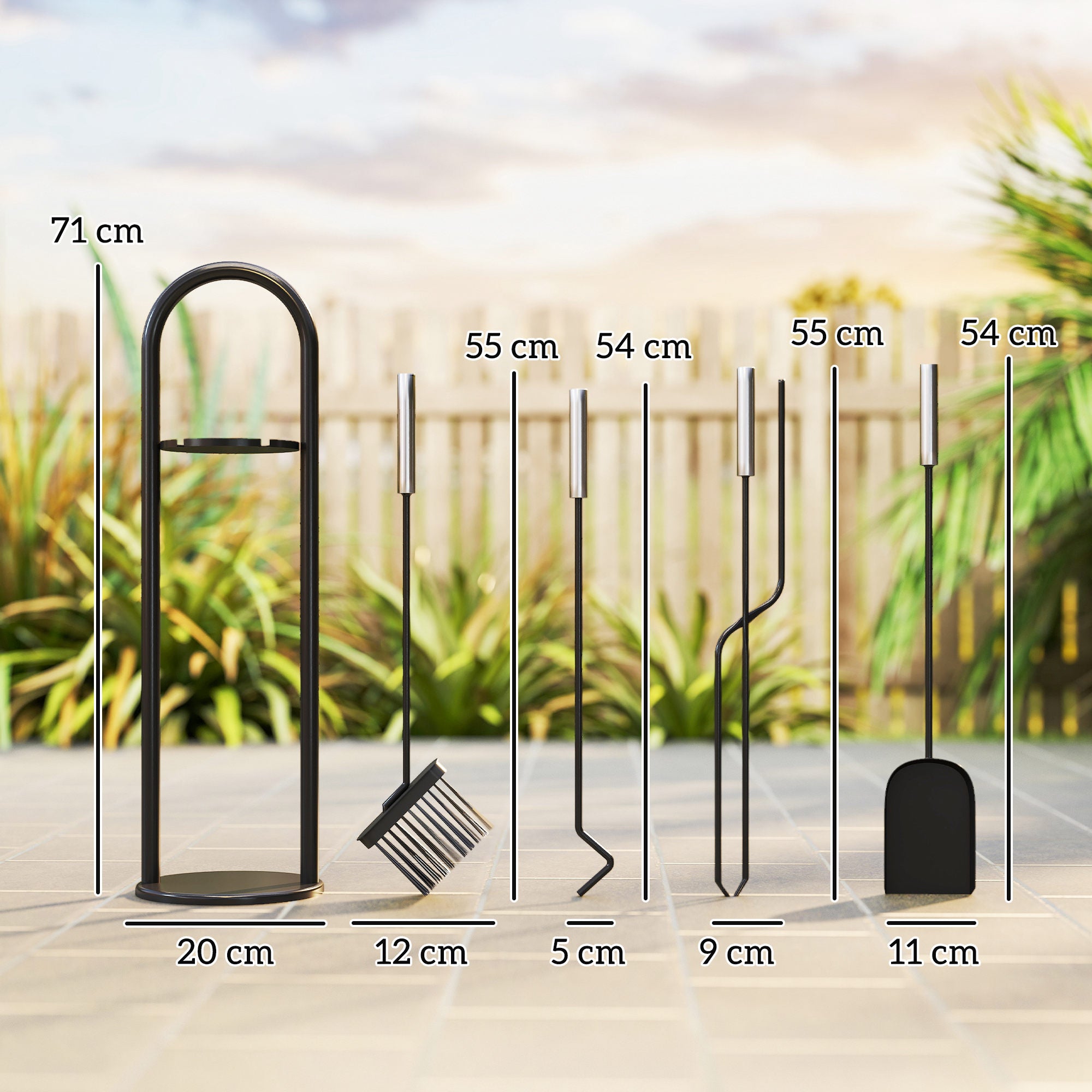 Kozy - 5 Pieces Fireplace Tools Set, Metal Fireplace Accessories Fireside Companion Set with Broom, Shovel, Poker and Bucket, Silver