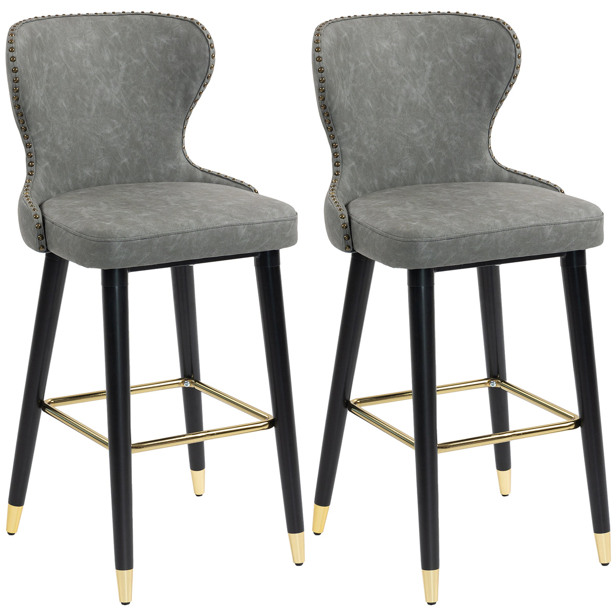 Kozy Bar Stools Set of 2, PU Leather Barstools with Back, Footrest and Wood Legs for Kitchen, Counter, Breakfast Bar, Grey