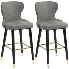 Kozy Bar Stools Set of 2, PU Leather Barstools with Back, Footrest and Wood Legs for Kitchen, Counter, Breakfast Bar, Grey