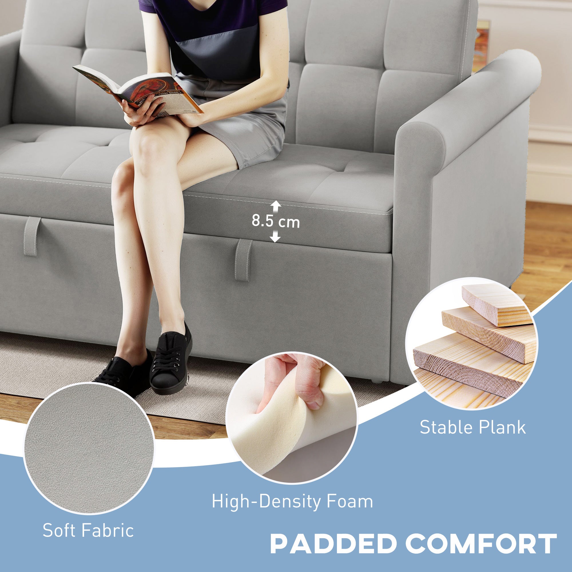 Kozy - Two-Seater Velvet-Feel Sofa Bed - Grey