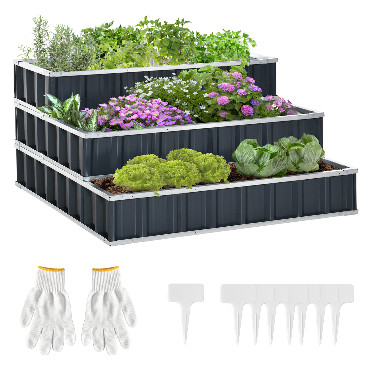 Kozy 3 Tier Raised Garden Bed, Metal Elevated Planer Box Kit Flower Pot w/ A Pairs of Glove for Garden, Patio to Grow Vegetables, Herbs, Flowers, 118 x 118 x 62 cm, Grey