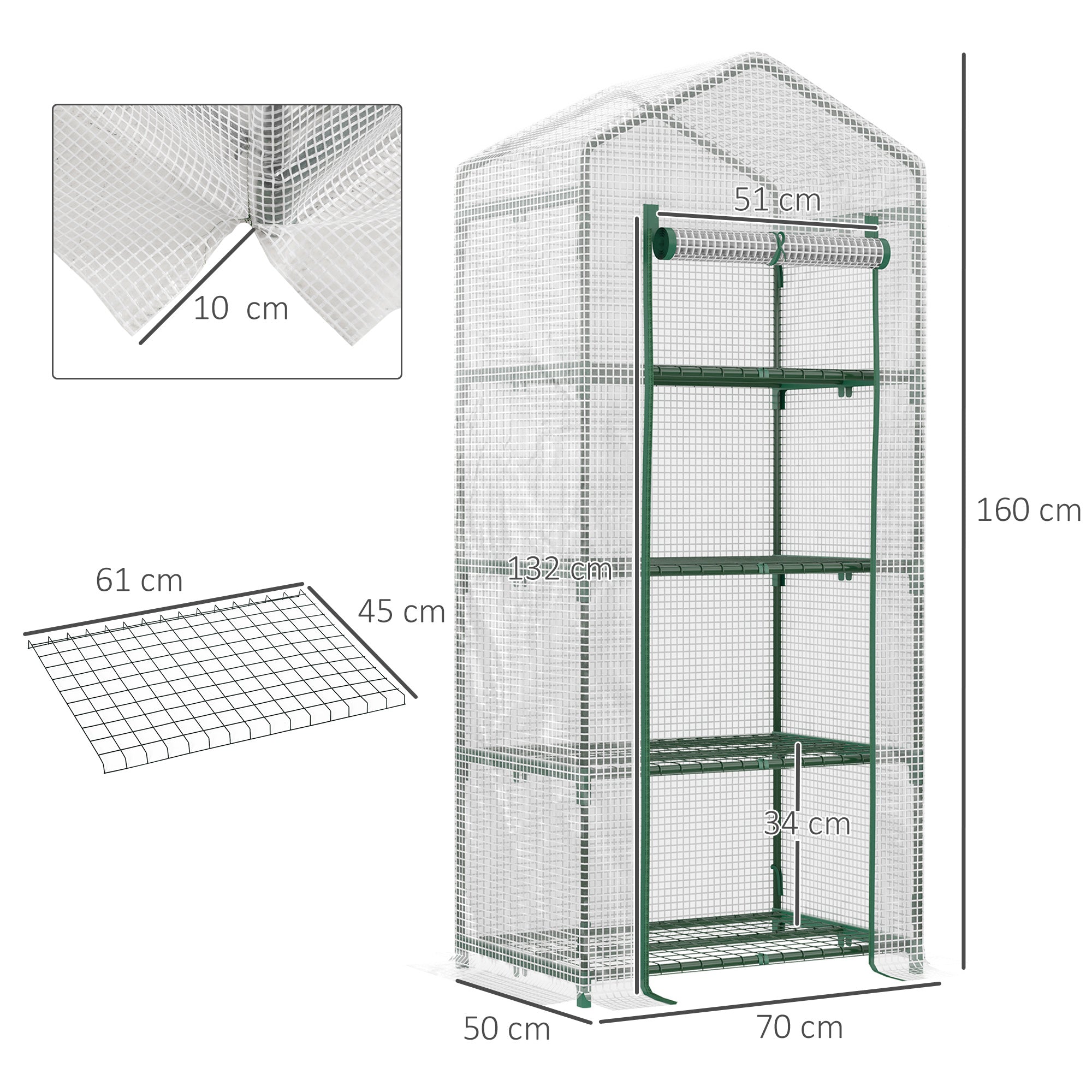 Kozy 4 Tier Mini Greenhouse, Portable Compact Green House with Steel Frame, PE Cover, Roll-up Door, 70 x 50 x 160 cm, White