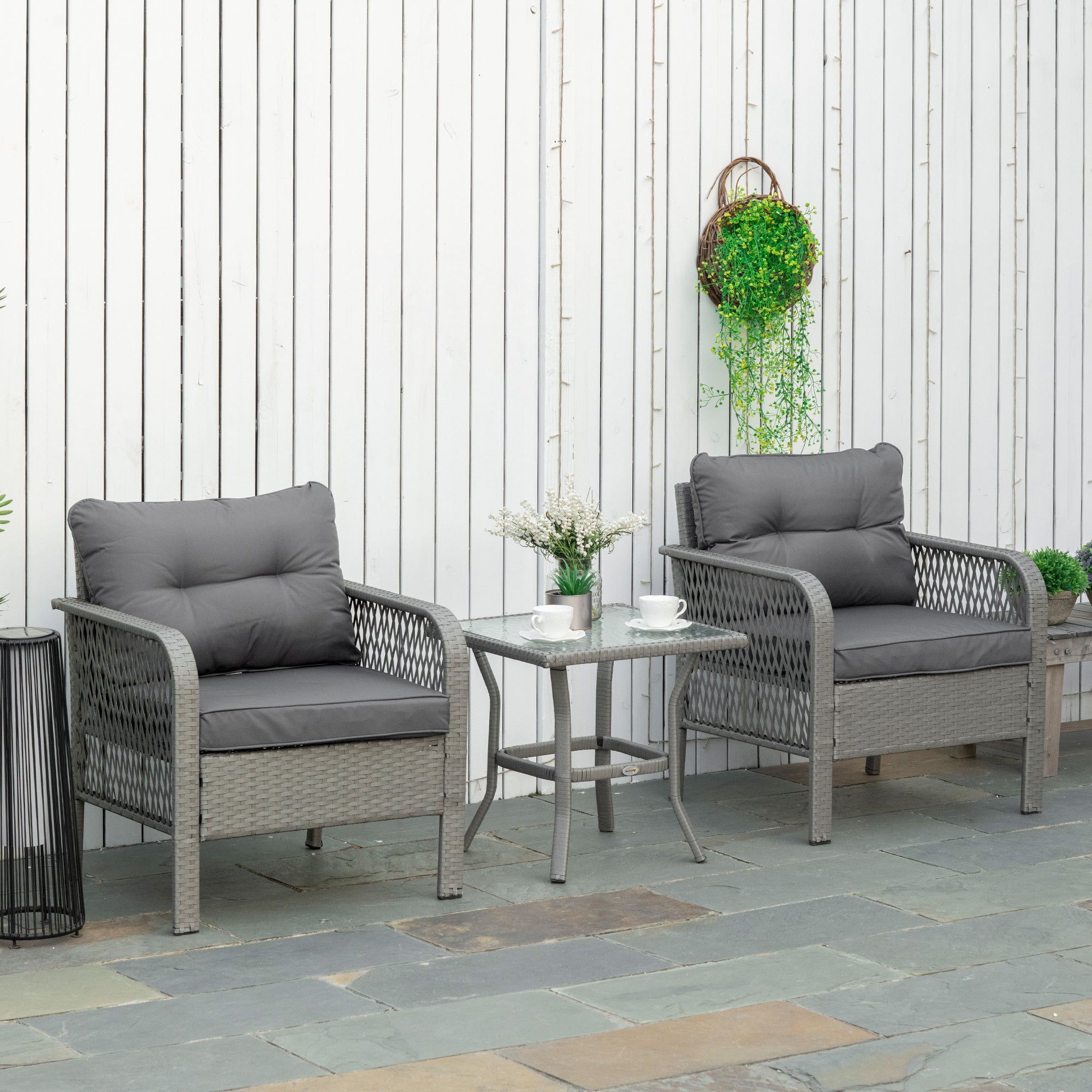 Kozy 3 Pieces Rattan Bistro Set with Glass Top Coffee Table, Chairs and Cushions for Outdoor, Patio, Balcony, Grey