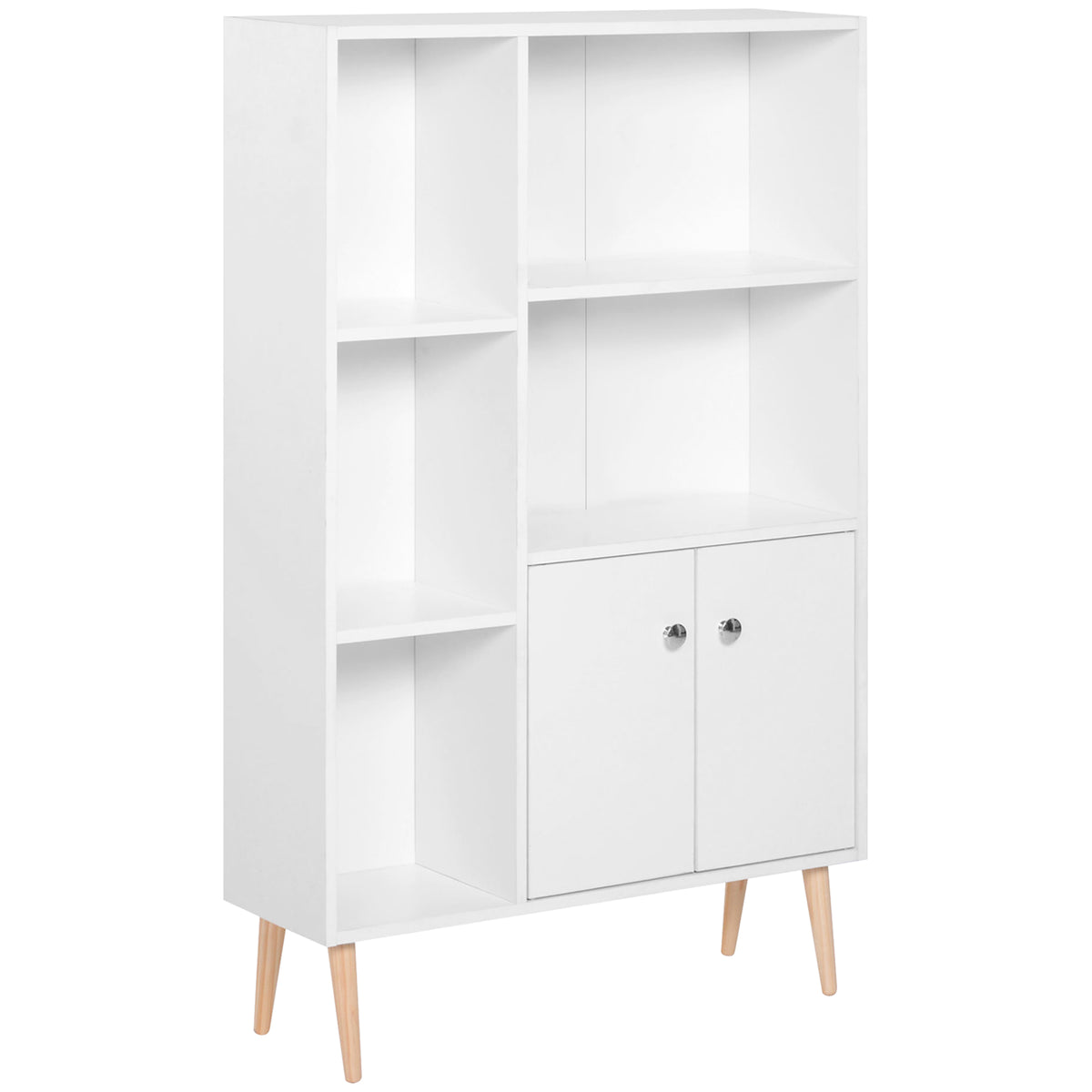 Kozy Sideboard Storage Cabinet Cupboard, Open Bookcase with 2 Doors 5 Compartments Wooden Modern Style for Living Room Bedroom Kitchen 80 x 23 x 123 cm, White