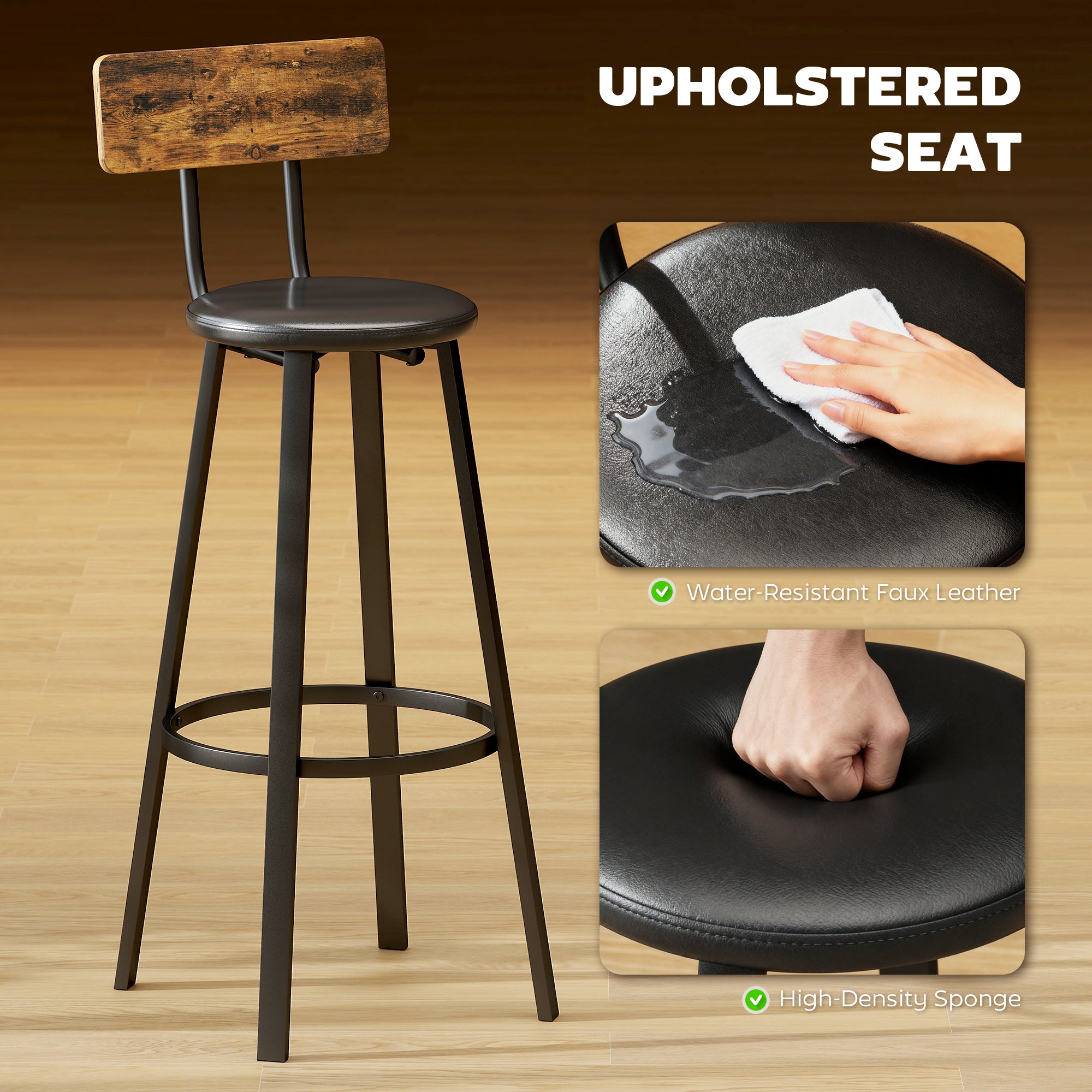 Kozy Upholstered Bar Stools Set of 2 with Backrest and Footrest - Rustic Brown and Black