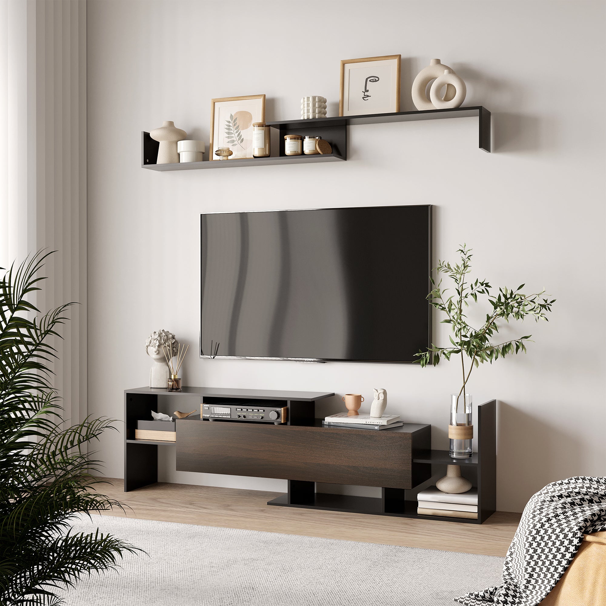 Kozy TV Cabinet with Wall Shelf for Wall-Mounted 65" TVs or Standing 40" TVs - White and Natural