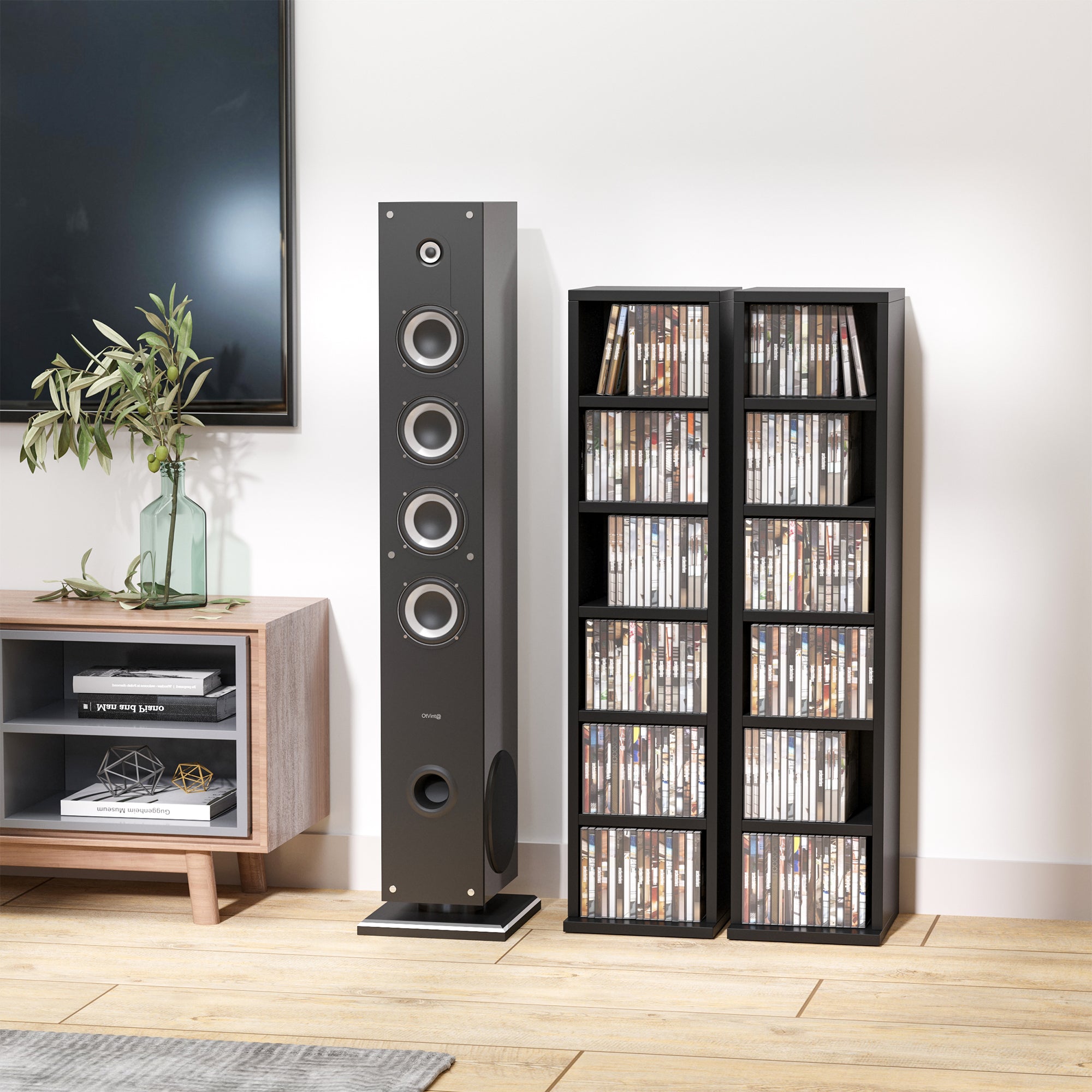 Kozy 204 CD Media Display Shelf Unit Set of 2 Blu-Ray Tower Rack w/ Adjustable Shelves Bookcase Storage Organiser, Black