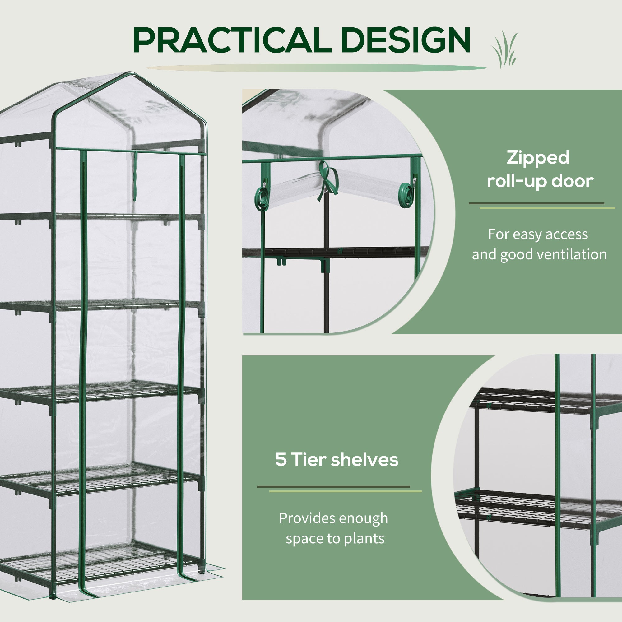 Kozy 5 Tier Mini Greenhouse, Small Walk-in Greenhouse with Reinforced Plastic Cover, Garden Grow House with Roll Up Door and Shelves, 69 x 49 x 193cm, Green