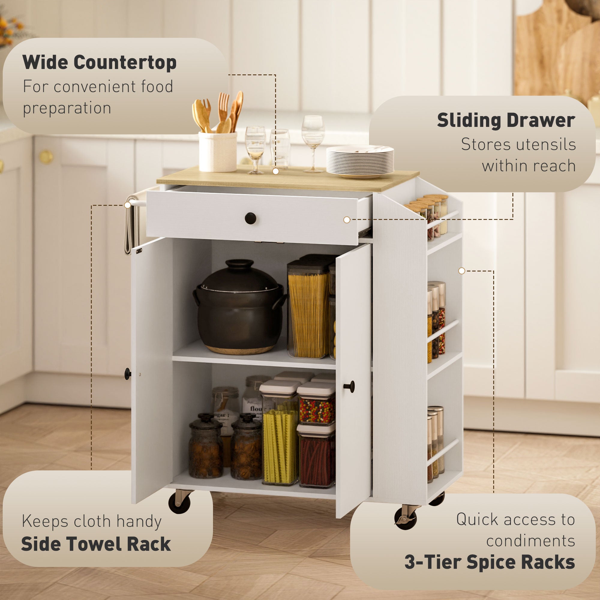 Kozy - Rolling Kitchen Island with 3-Tier Spice Rack, Kitchen Storage Cart with Drawer and Towel Rack, White