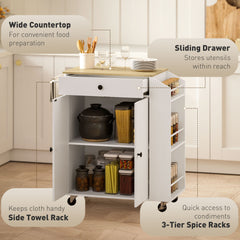Kozy - Rolling Kitchen Island with 3-Tier Spice Rack, Kitchen Storage Cart with Drawer and Towel Rack, White