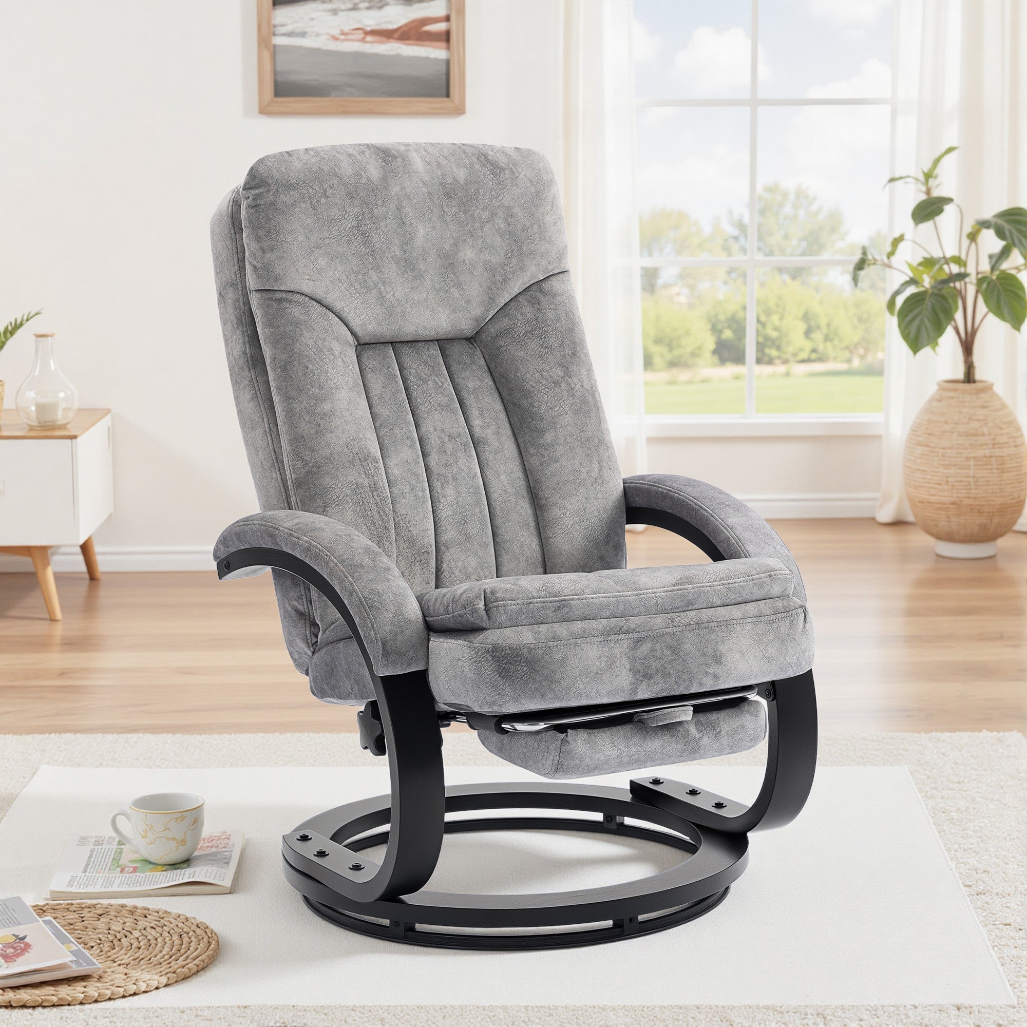 Kozy Swivel Recliner Chair with Footrest, Manual Recliner Armchair with Wooden Base, Plush Velvet Upholstered Reclining Chair for Living Room, Bedroom, Office, Grey