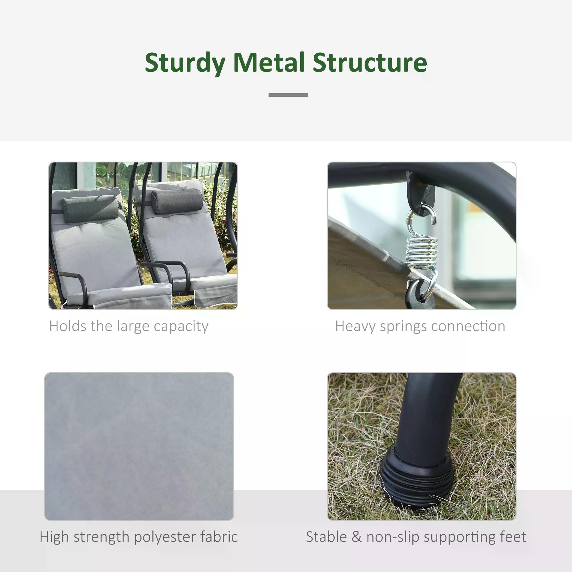 Kozy Canopy Swing 2 Separate Relax Chairs w/ Handrails and Removable Canopy Grey