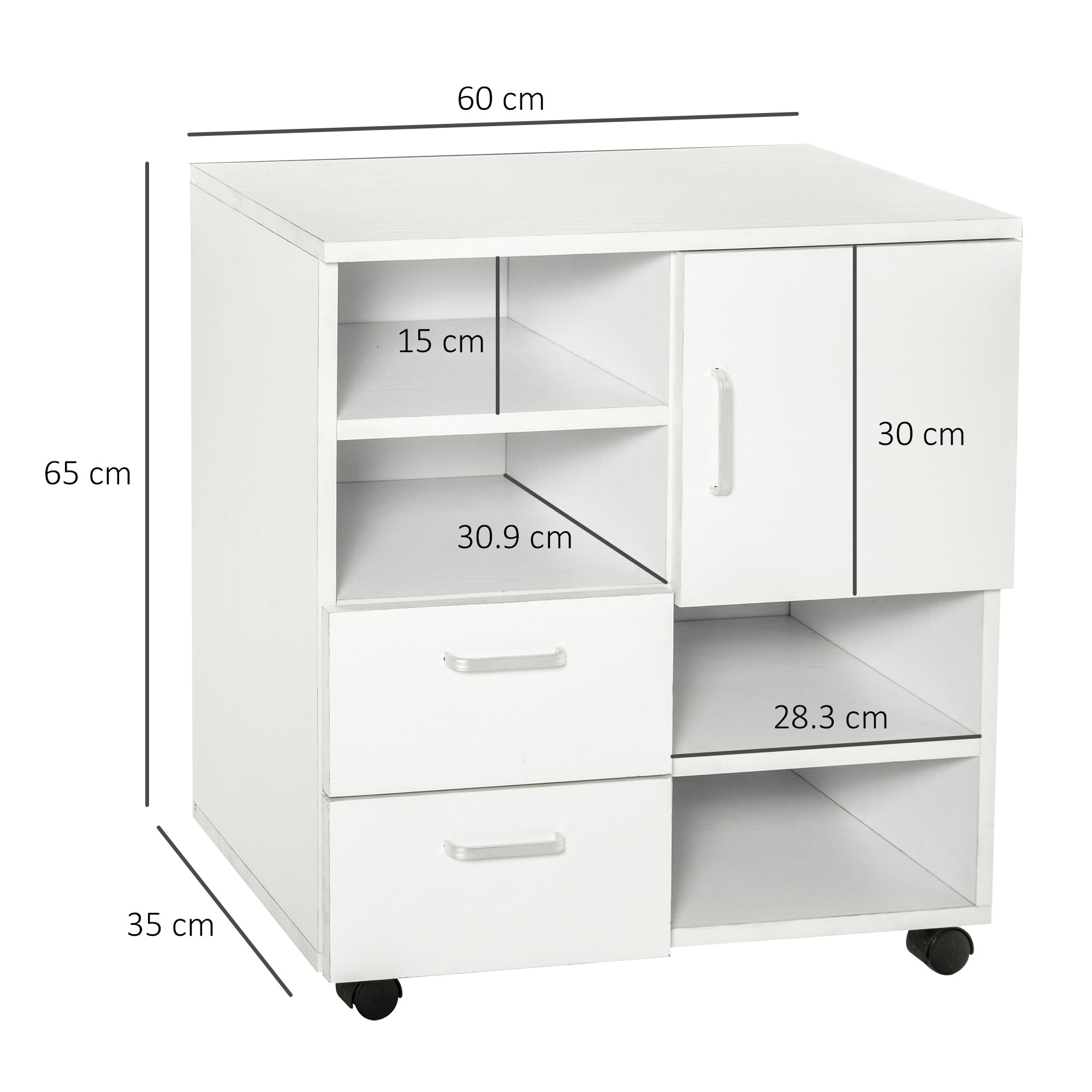 HOMCOM Mobile Storage Cabinet Sideboard Cupboard with Drawers 4 Shelves Lockable Wheels White