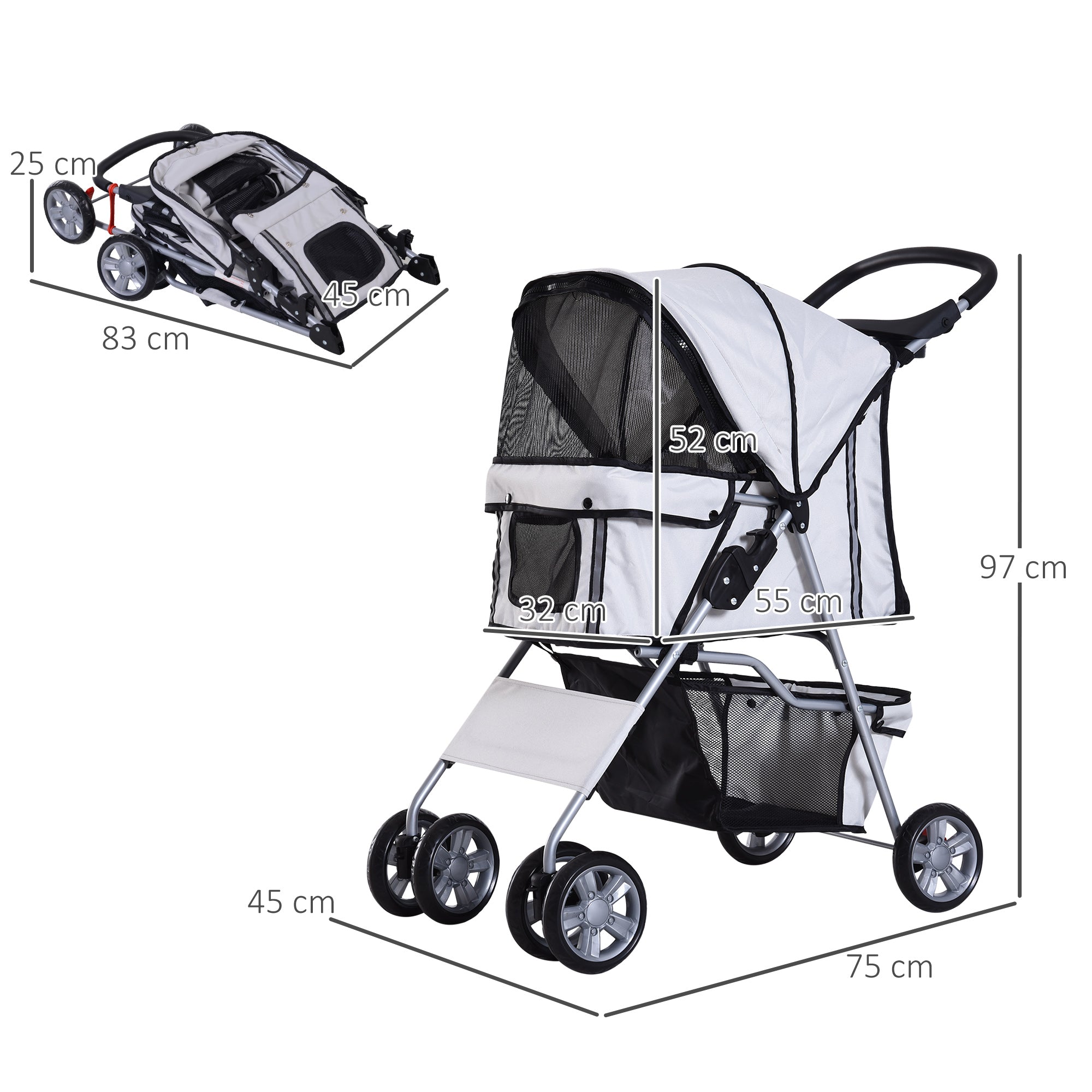 PawHut Pet Stroller for Dogs, Foldable Dog Pushchair with Wheels, Zipper Entry, Cup Holder, Storage Basket, Grey