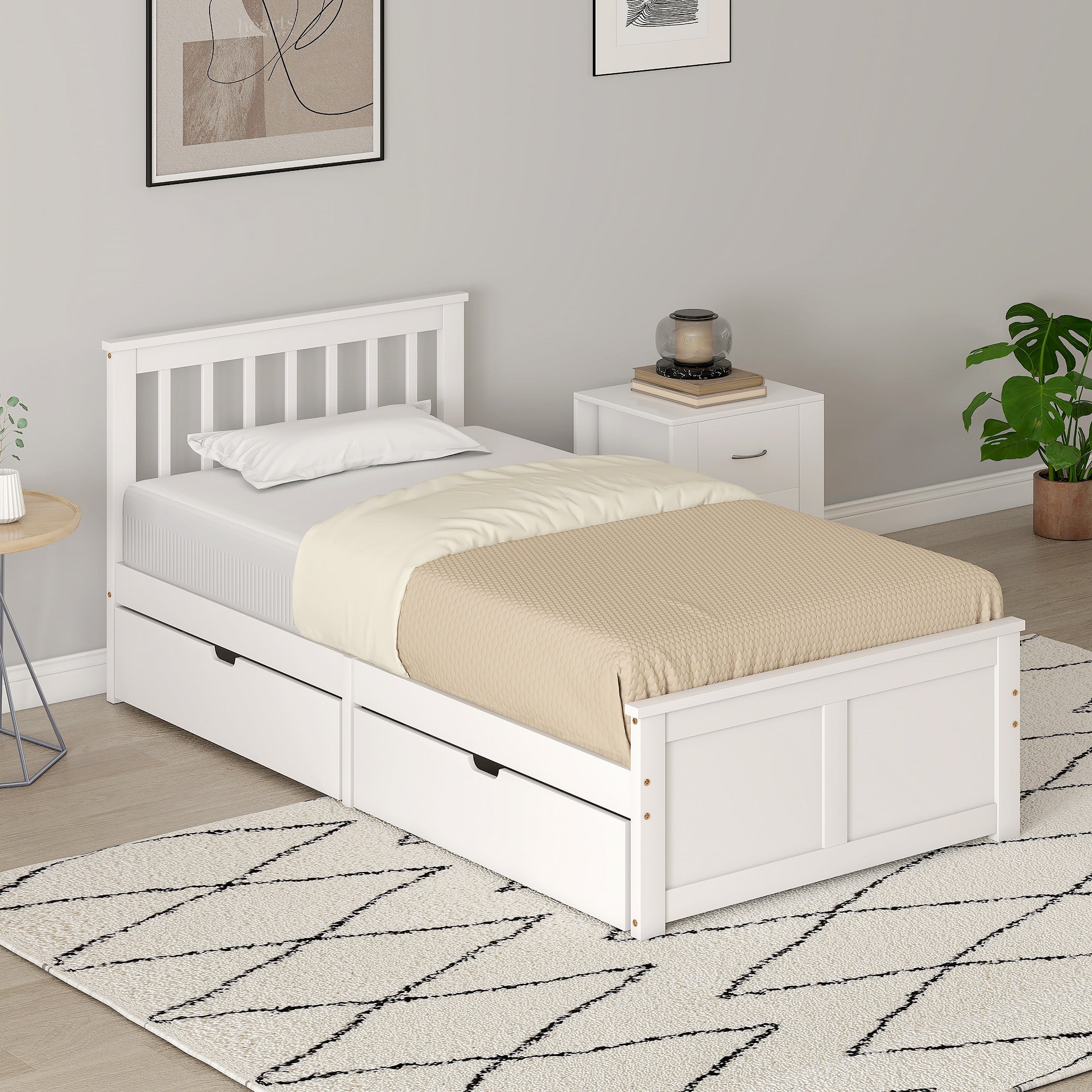 Kozy Wooden Single Bed Frame, with Drawers - White