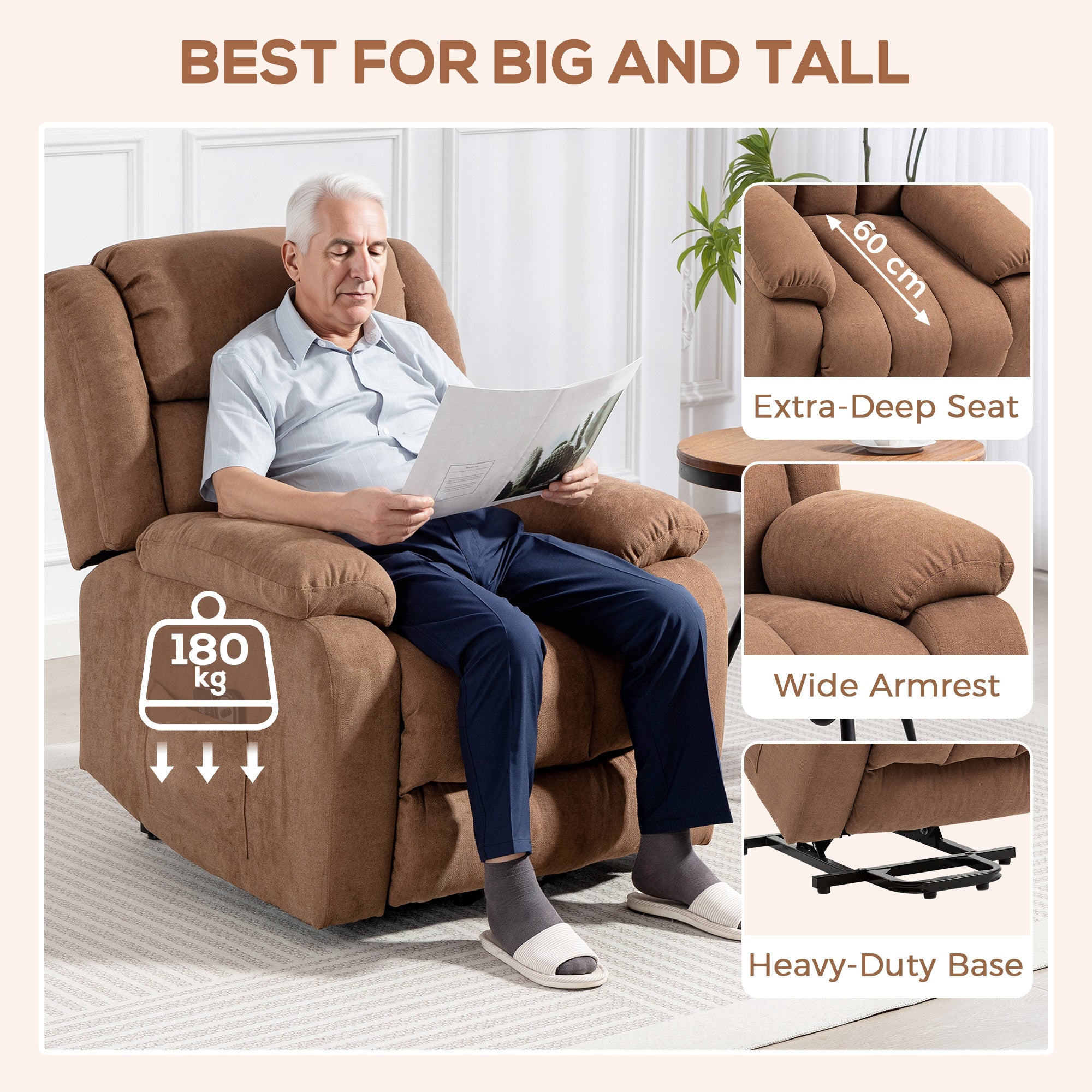 Kozy Power Lift Recliner Chair with Massage, Overstuffed Lift Chair for Elderly with Footrest, Remote and Side Pocket, Brown