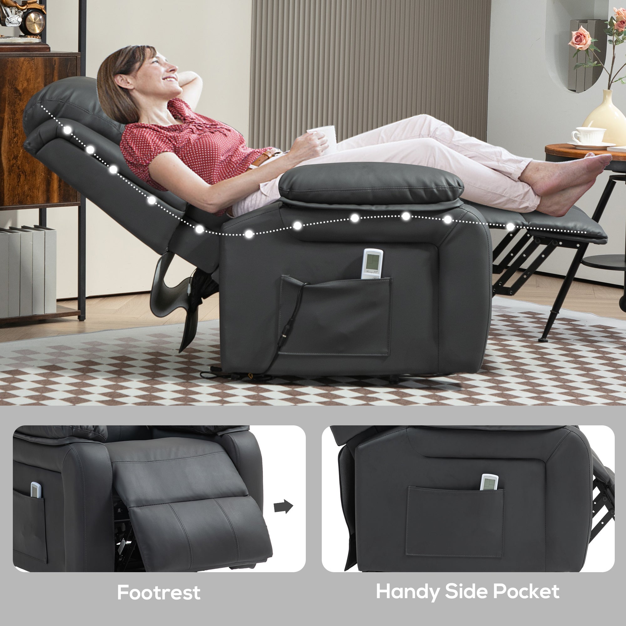 Kozy - Riser and Recliner Chair with Massage, Heat, Power Lift Recliner Chair for Elderly with Remote Control, Extended Footrest, Dual Side Pockets, Overstuffed Electric Reclining Armchair, Dark Grey