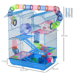 PawHut Hamster Habitat, 5 Tier Cage with Exercise Wheels, Tunnel, Water Bottle, Dishes, Ladder, Blue