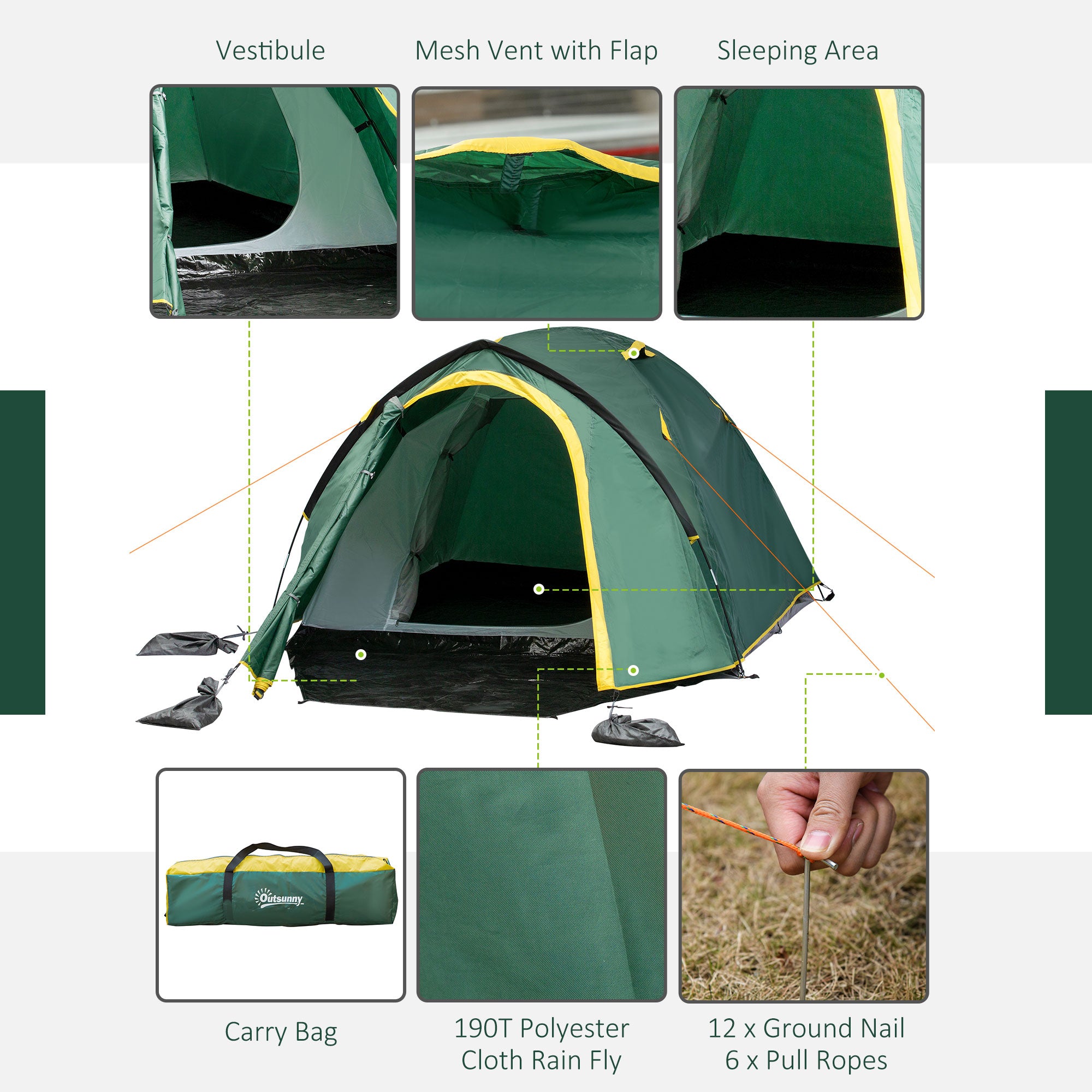 Kozy Dome Tent for 2 Person Camping Tent with Large Windows, Waterproof Green and Yellow