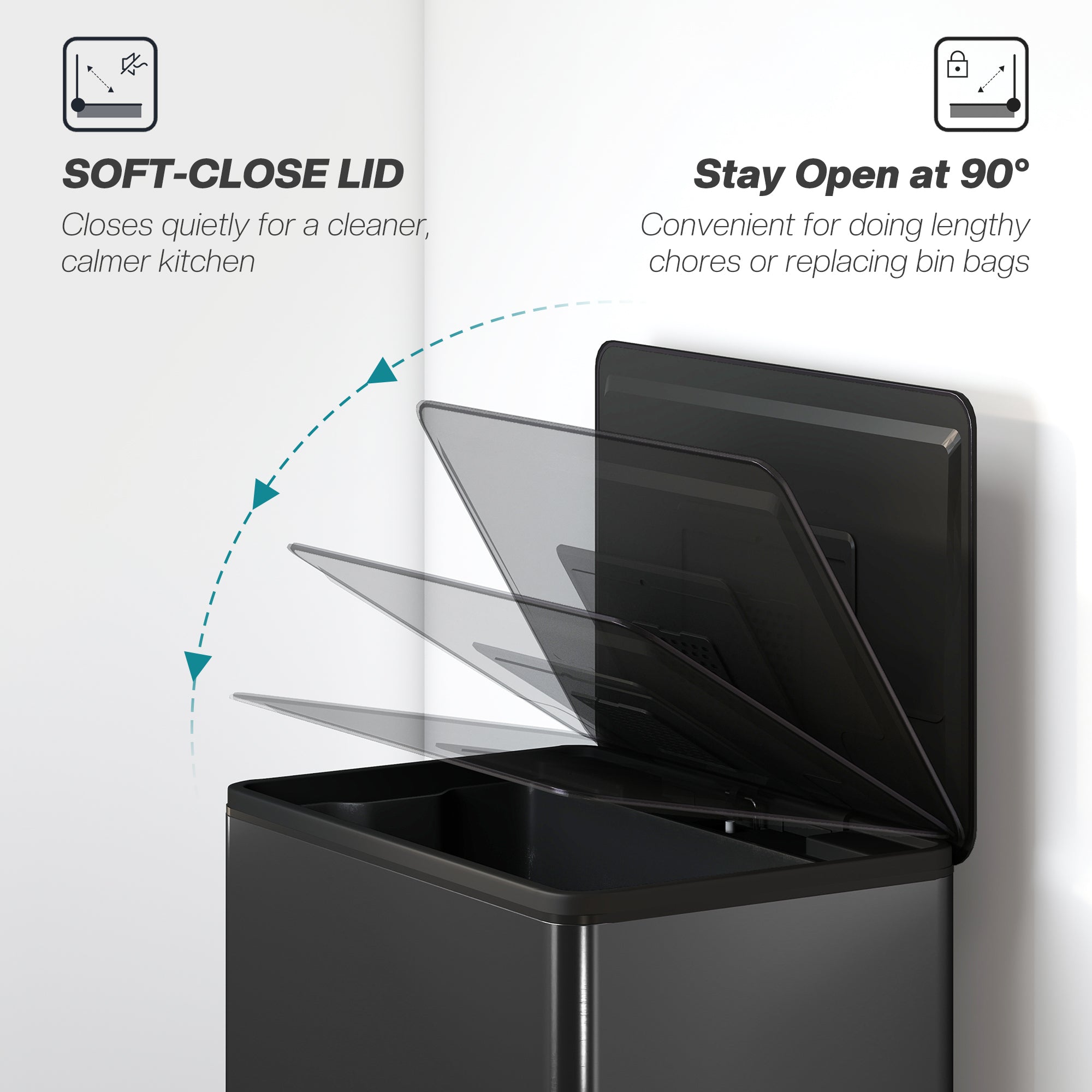 Kozy 45L Kitchen Bin, Pedal Bin with Soft-Close and Stay-Open Lid, Removable Inner Bucket, Odor Control for Kitchen, Office