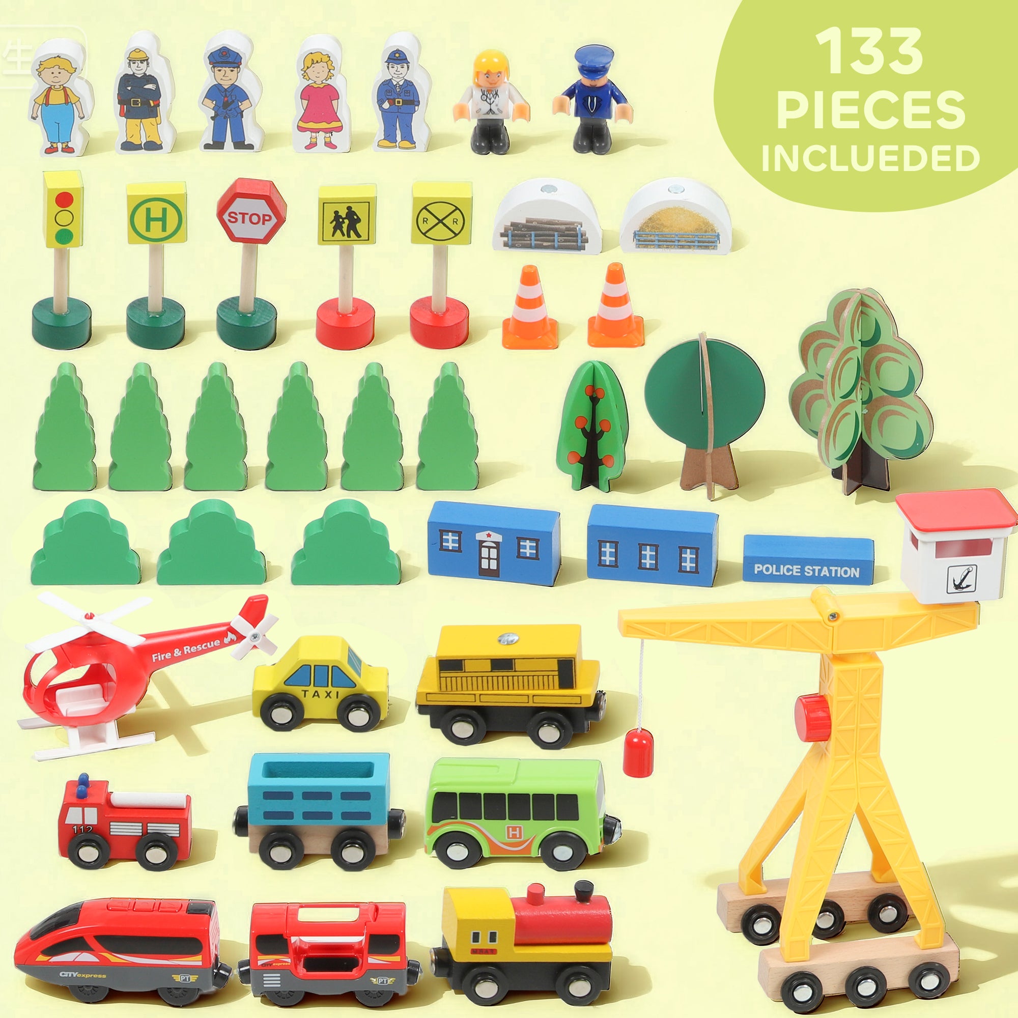 Kozy 133-Piece Wooden Train Set, Toy Train with Crane, Storage Box, for Kids Ages 3+