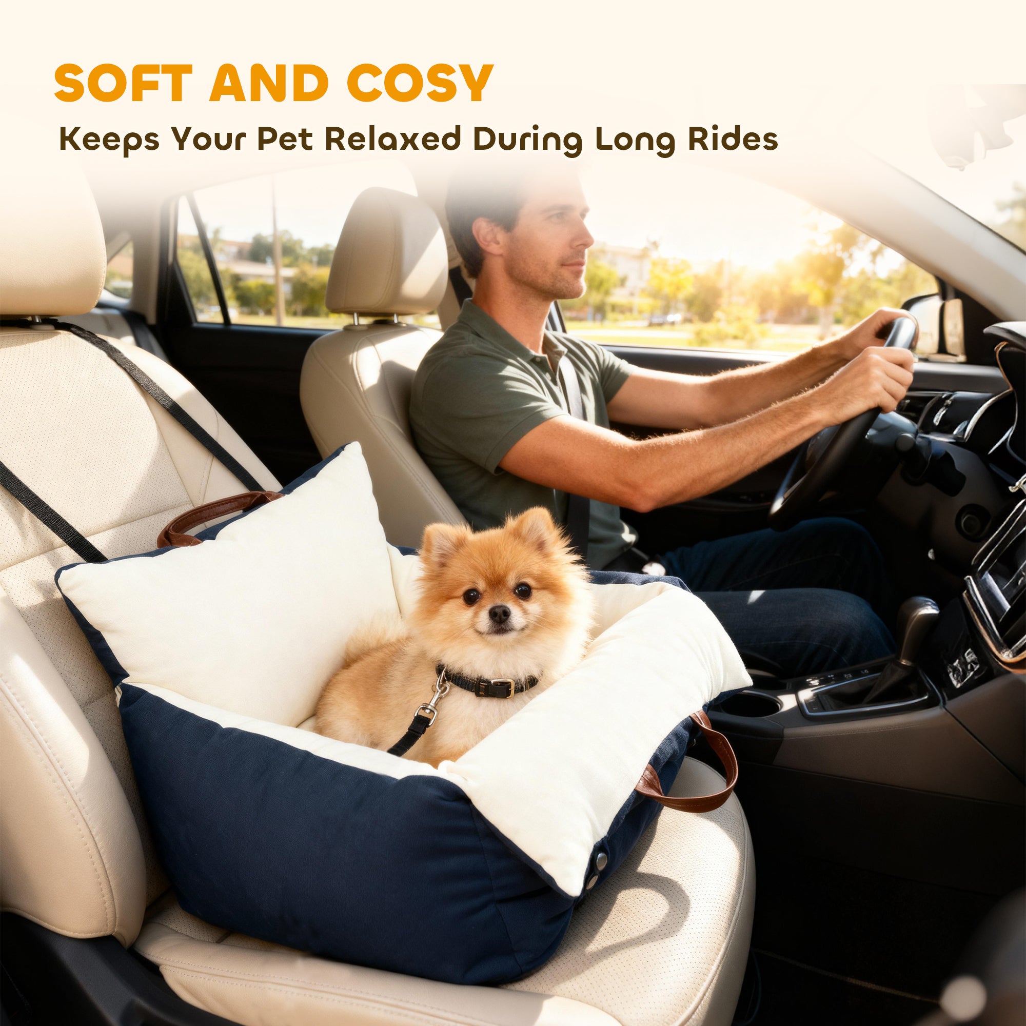 Kozy Dog Car Seat, Cosy Pet Car Booster Seat for Small Dog Under 5 KG, Portable Travel Bed with Safety Belts, Navy Blue