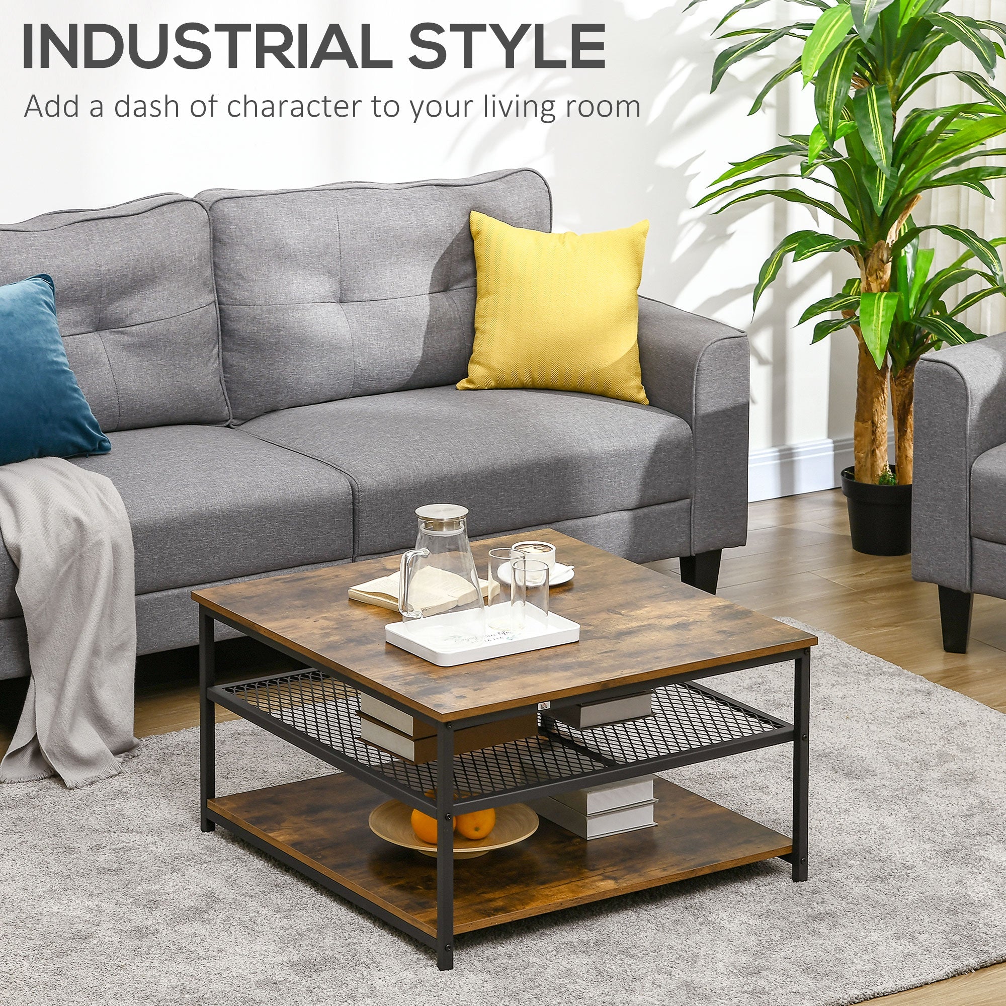 HOMCOM Industrial Coffee Table: Square Cocktail Table with 3-Tier Shelves, Rustic Brown for Living Room | Aosom UK