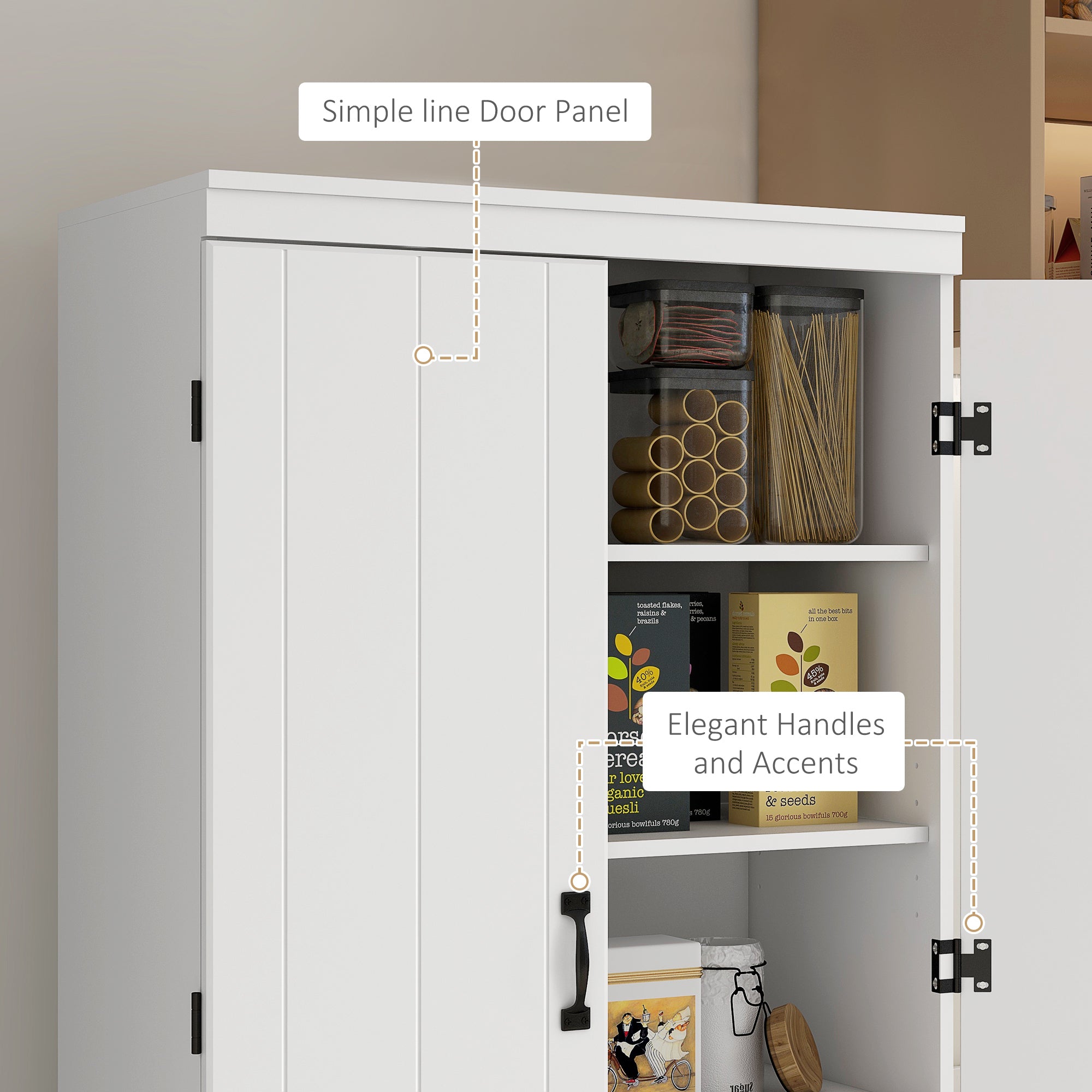 Kozy 4-Door Tall Kitchen Cupboard, Freestanding 6-Tier Storage Cabinet with 2 Adjustable Shelves for Living Room, Dining Room, White