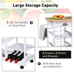 HOMCOM Rolling Kitchen Island Trolley Cart Drawer Shelves Basket Wheels W/  6 Bottle Wine Rack White