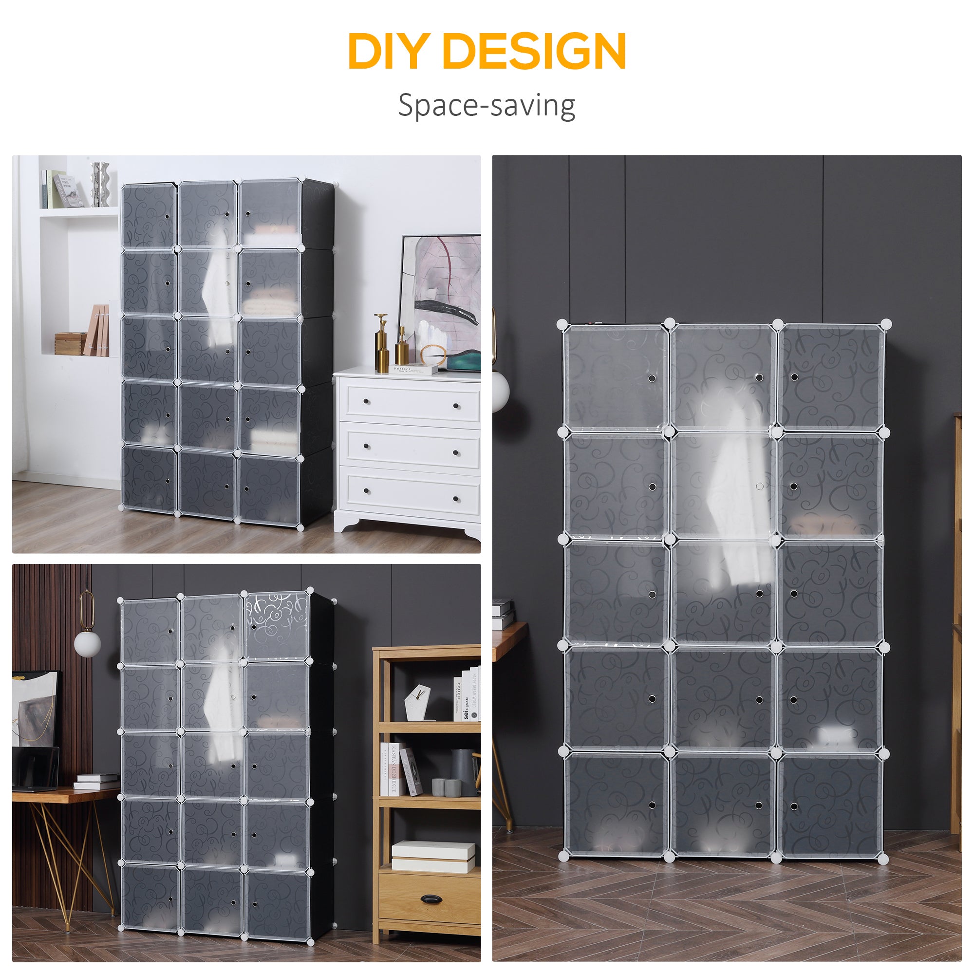 Kozy Portable Wardrobe for Bedroom, 15 Cube Closet with Hanging Rail, Modular Storage Cabinet, Plastic Armoire for Space Saving, White and Black
