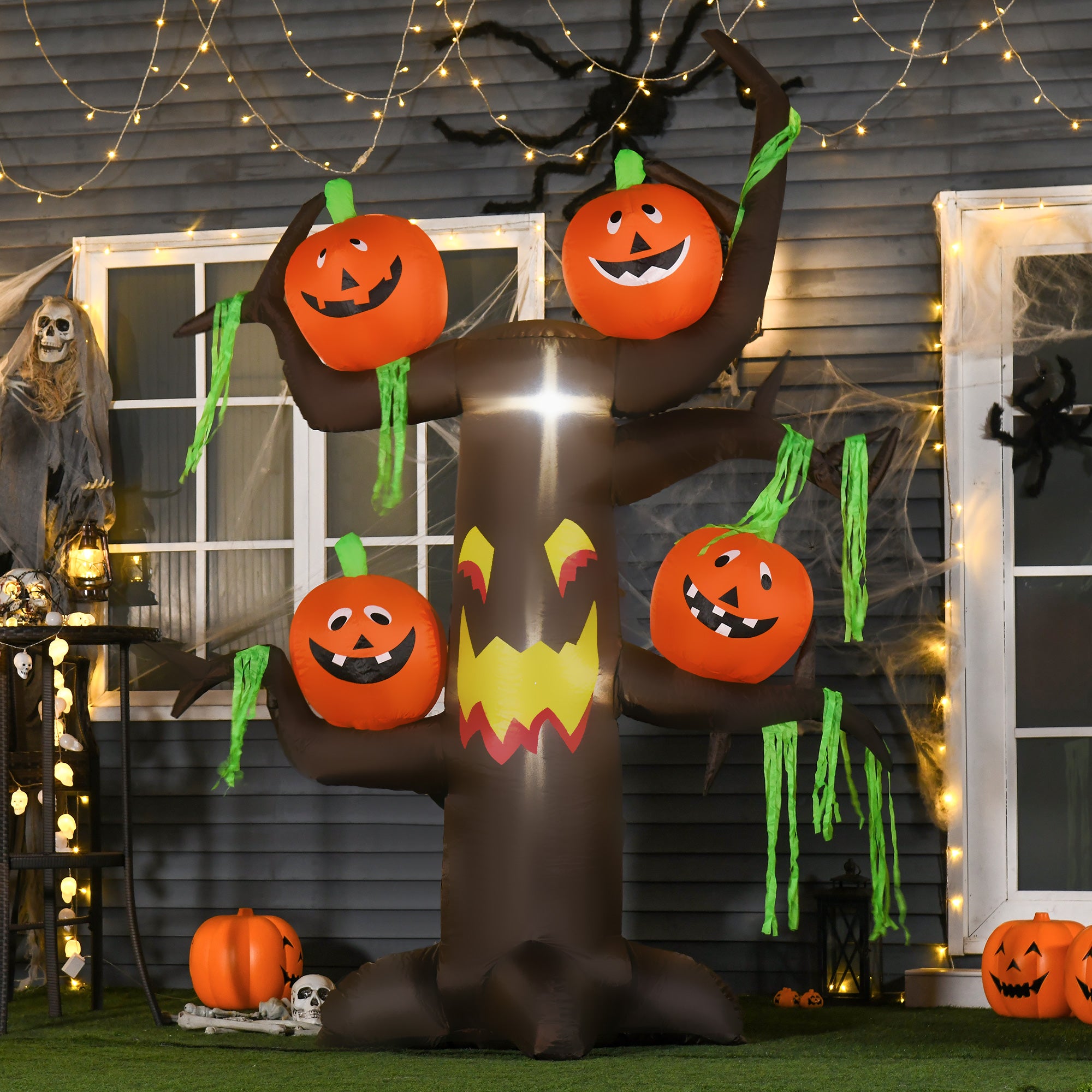 Kozy 2.4m Halloween Inflatable Ghost Tree with 4 Pumpkins 2 Build-in LEDs, Blow Up Inflatables for Halloween Party Yard Lawn Outdoor Indoor Decoration