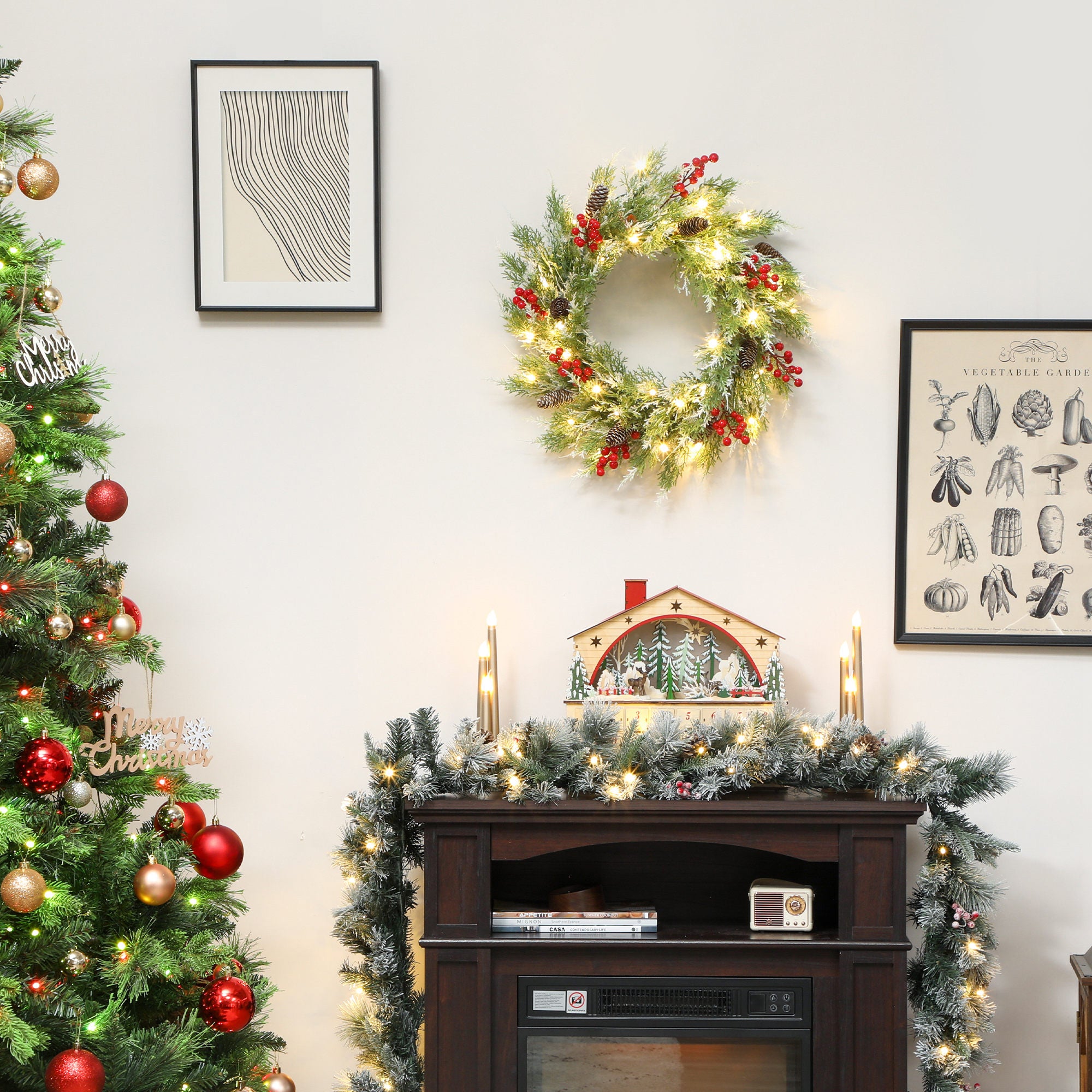 Kozy - 60 cm Prelit Christmas Wreath, Door Wreath with Realistic Branches, 30 Warm White LEDs, Timer, Battery Operated