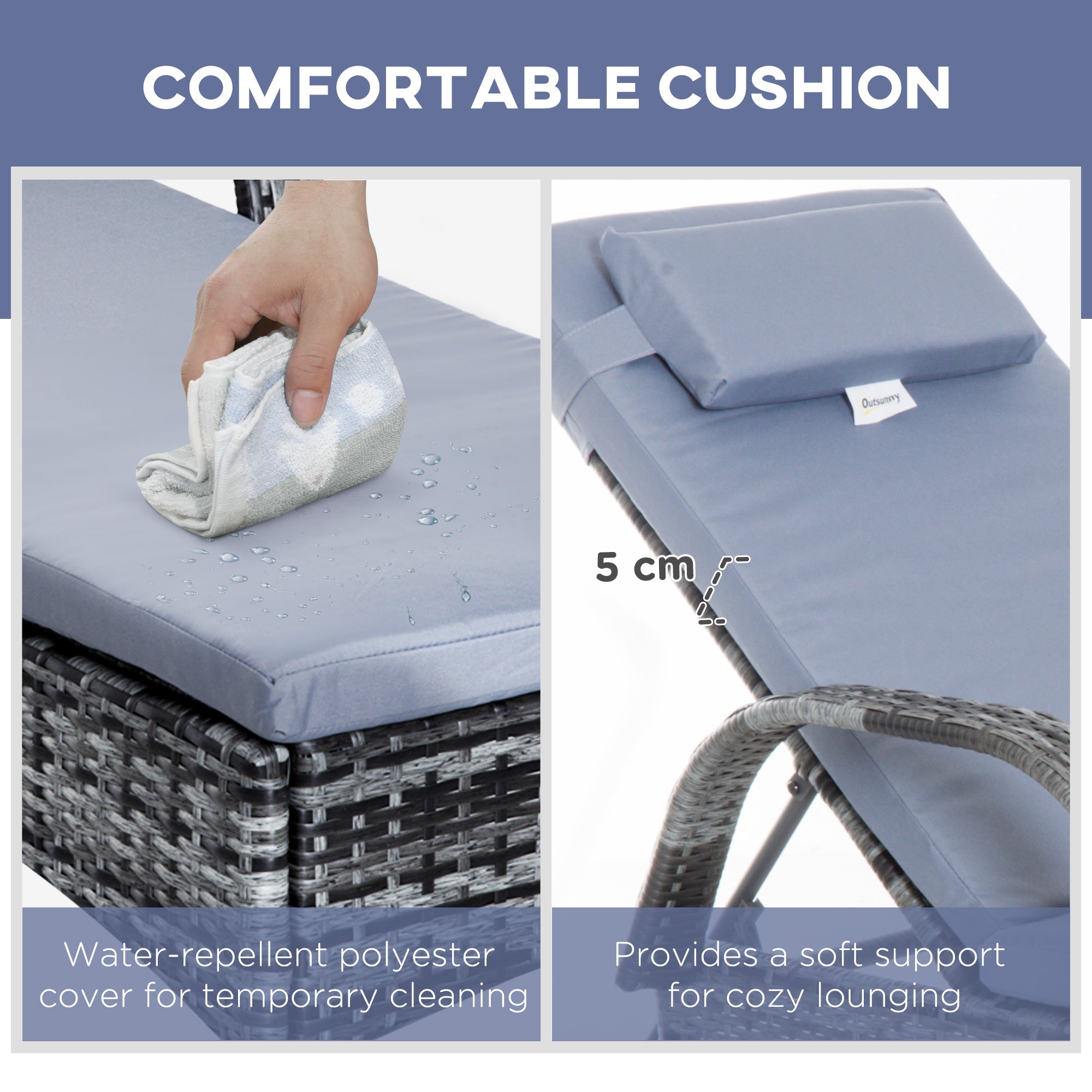 Kozy 3 Pieces Rattan Sun Loungers, Garden Wicker Wheeling Recliner , PE Rattan Lounge Chairs w/ Cushions & Side Coffee Table Grey