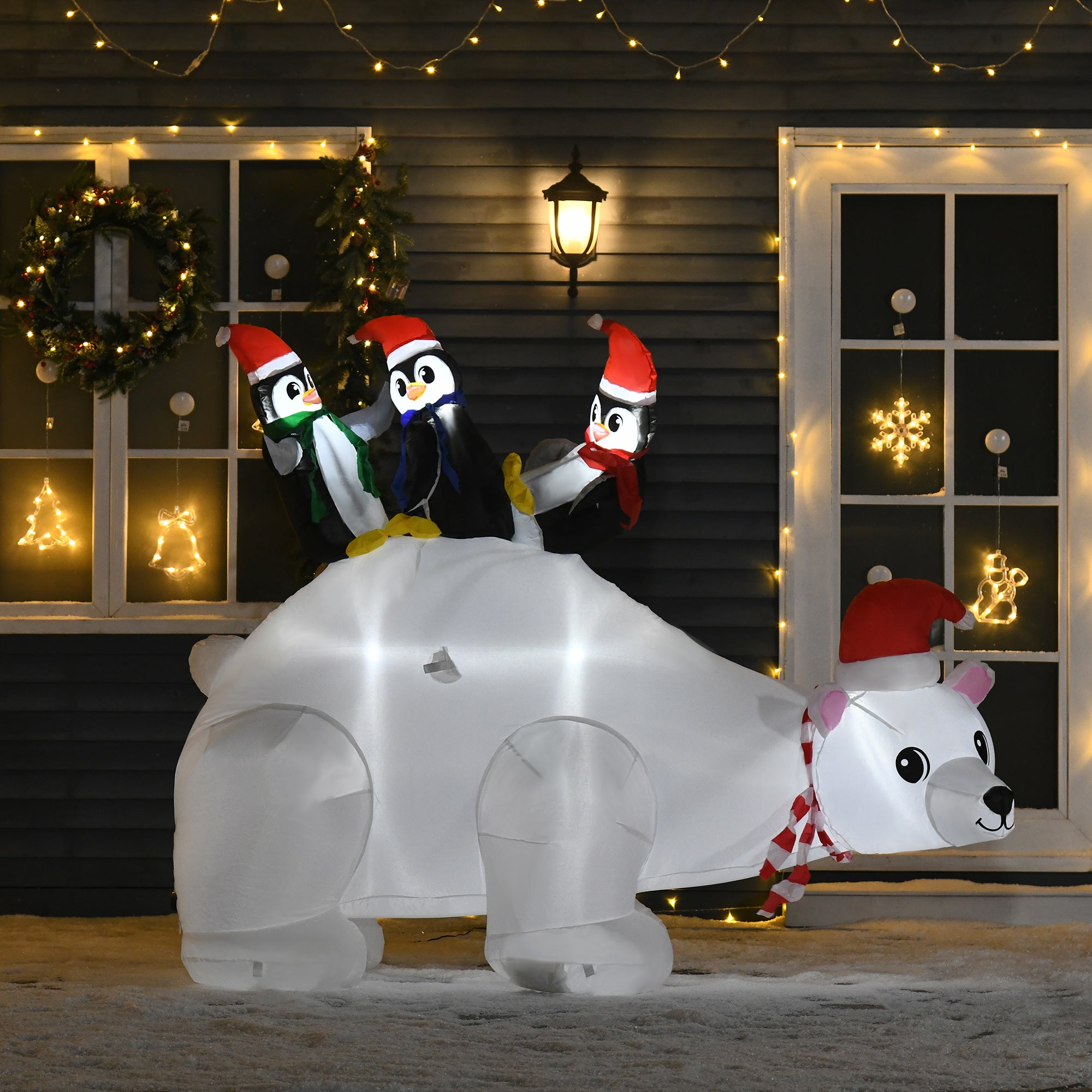 Kozy 5ft Outdoor Christmas Inflatable with LED Light, Lighted Blow up Polar Bear with Three Penguins, Giant Yard Party Decoration for Home Garden Lawn Party Prop
