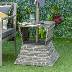 Kozy Outdoor Patio Rattan Wicker Coffee Table Bistro Side Table w/ Umbrella Hole and Storage Space, Grey