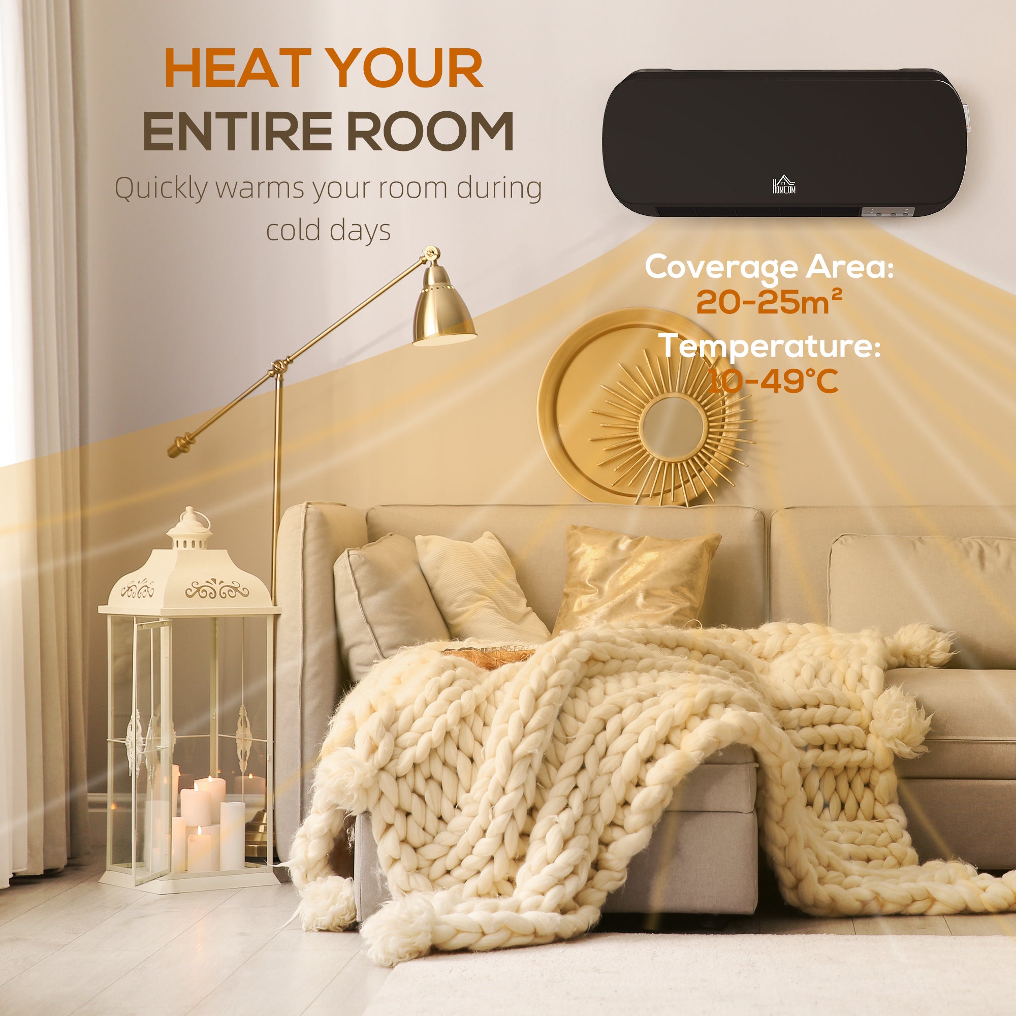 Kozy - 2000W Wall Mounted Ceramic Space Heater, 10-49°C Temperature, Black