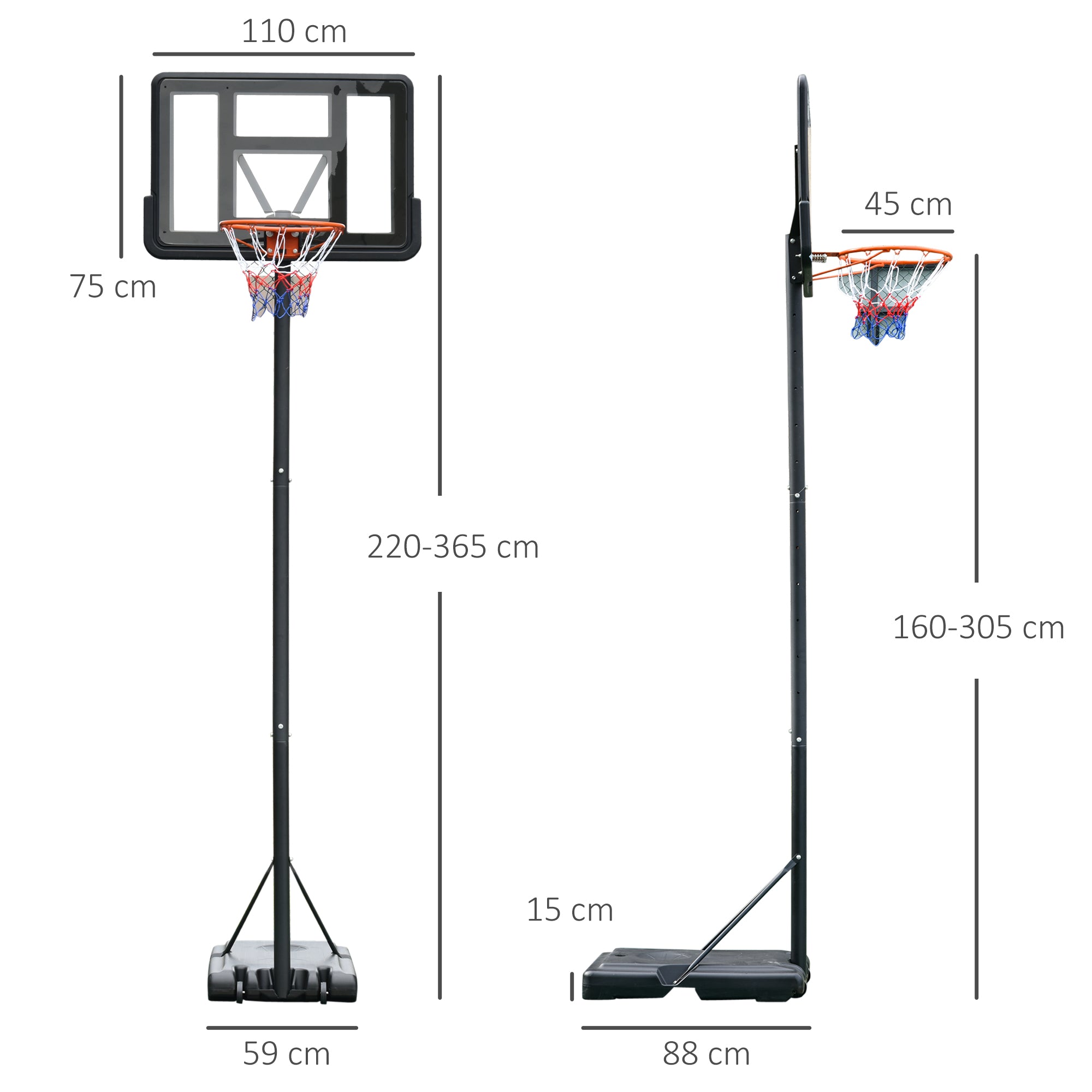 Kozy Portable Basketball Hoop Stand 231-305cm Height Adjustable w/ Moving Wheels