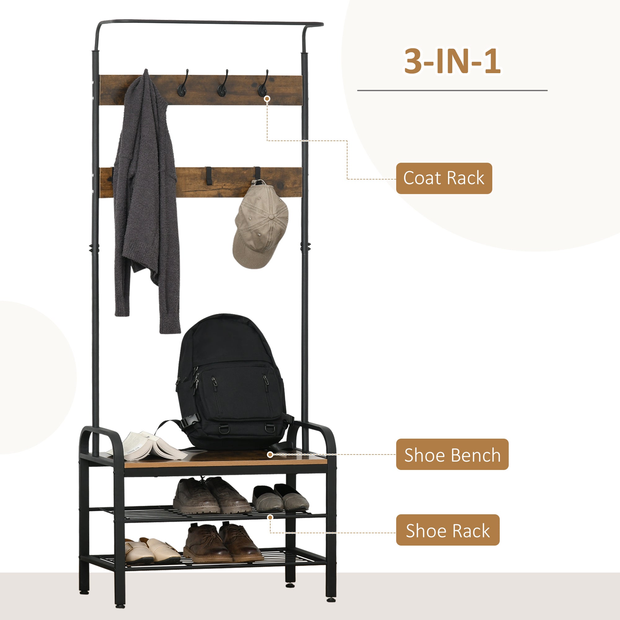 HOMCOM Coat Rack Stand Industrial hallway Shoe Rack Removable Hooks Metal Wood Hangers Storage Cabinet Rustic Brown 72L×34W×185H(cm)