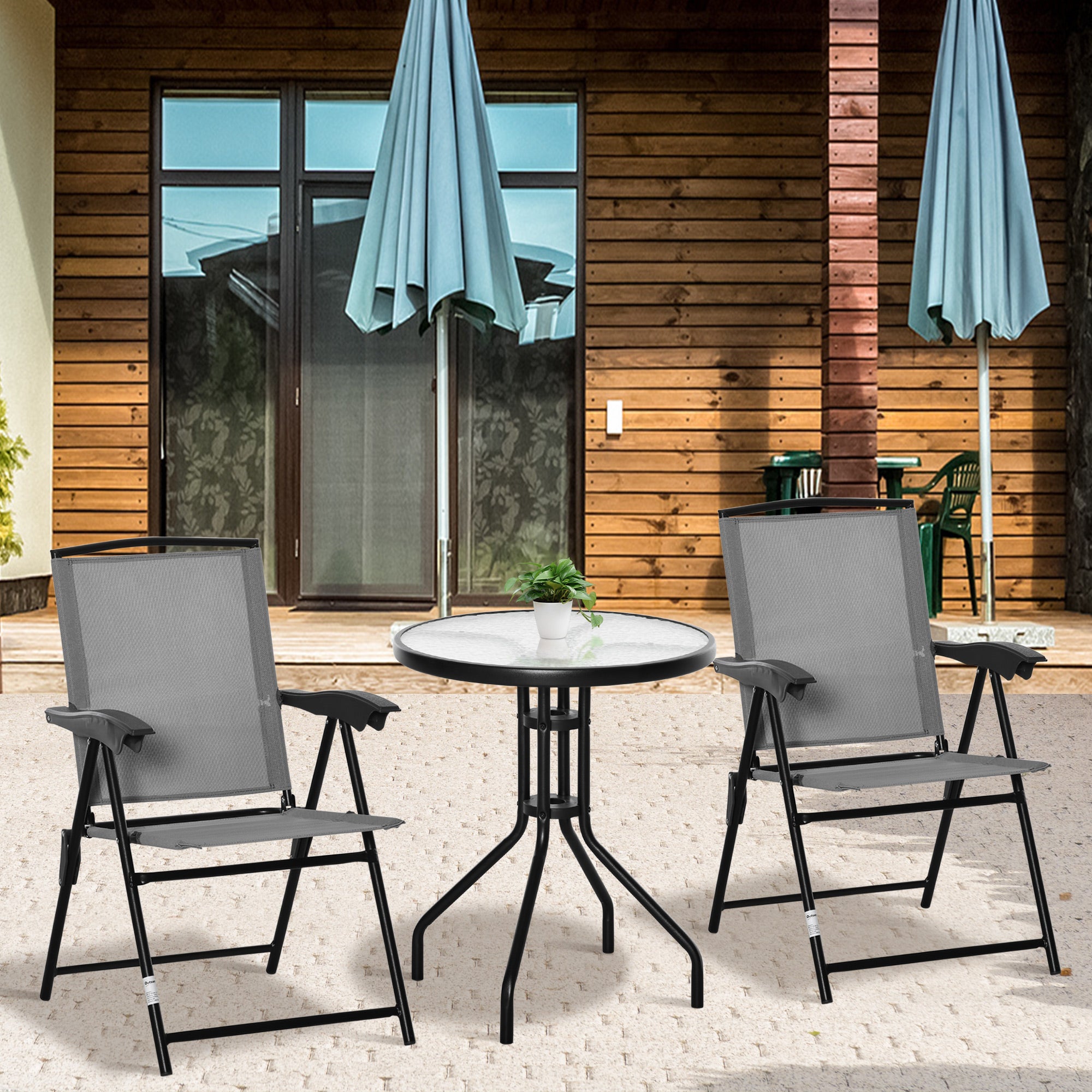 Kozy 3 Piece Outdoor Bistro Set, Patio Conversation Furniture Set with 2 Folding Backrest Adjustable Armchairs and Glass Top Coffee Table, Grey
