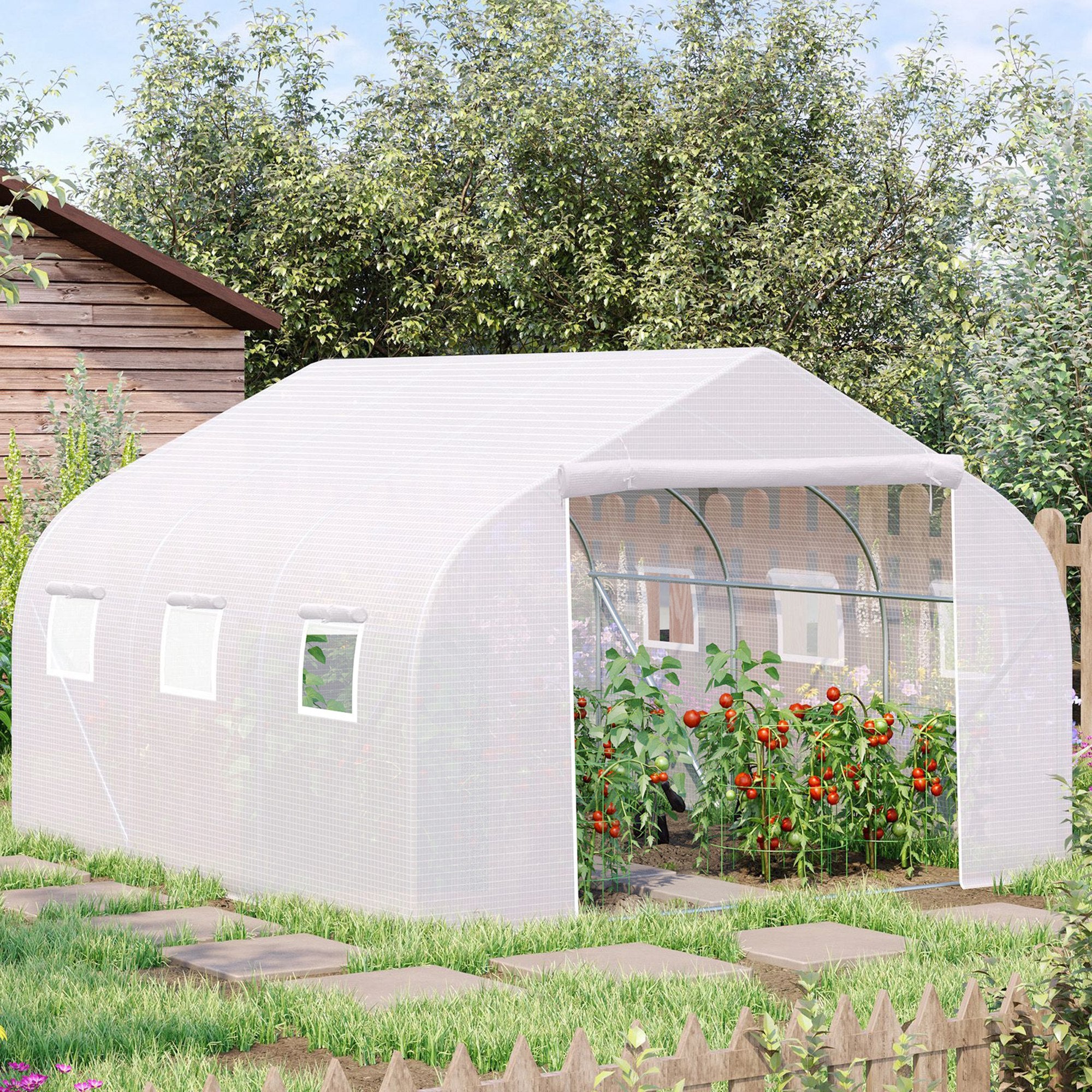 Kozy Walk-In Polytunnel Greenhouse Warm House Garden Tunnel Shelter Plant Shed with Door and Windows, Galvanised Steel Frame, 3.5 x 3 x 2m, White