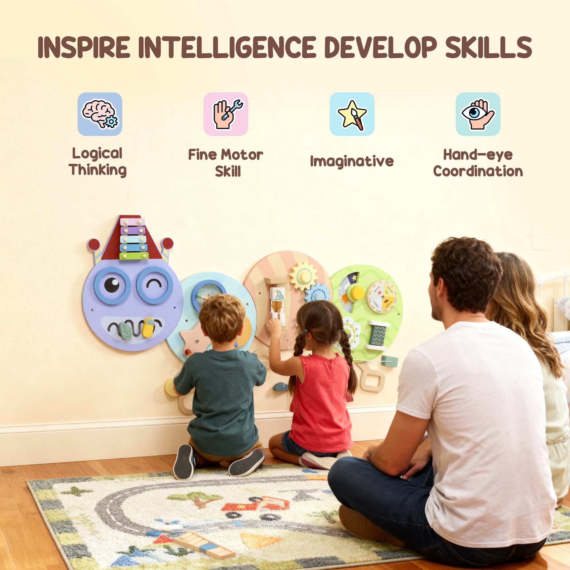 Kozy Caterpillar Busy Board with 7 Activities, for Nursery, Playroom, Home, for 3+ Years