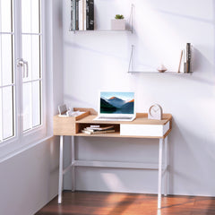 HOMCOM Writing Desk, Computer Workstation with Drawer, Storage Compartments, Cable Management, Metal Frame, Oak and White