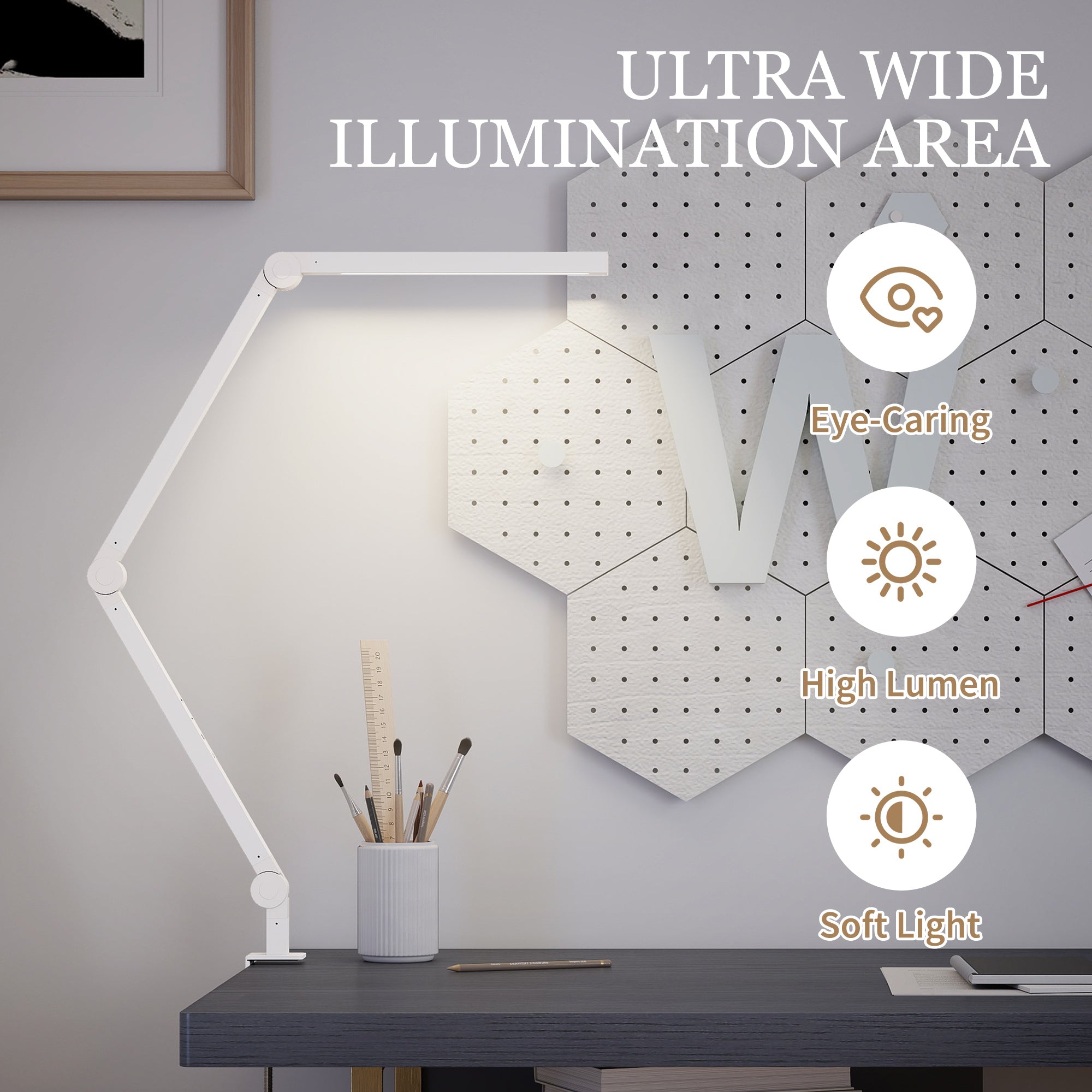 Kozy LED Desk Lamp, Dimmable Desk Light with Swing Arm and Clamp, Adjustable Eye-Caring Table Lamp with 2 Colour Modes & 5 Brightness Levels for Study, Drawing, Office, Architect, Task, White