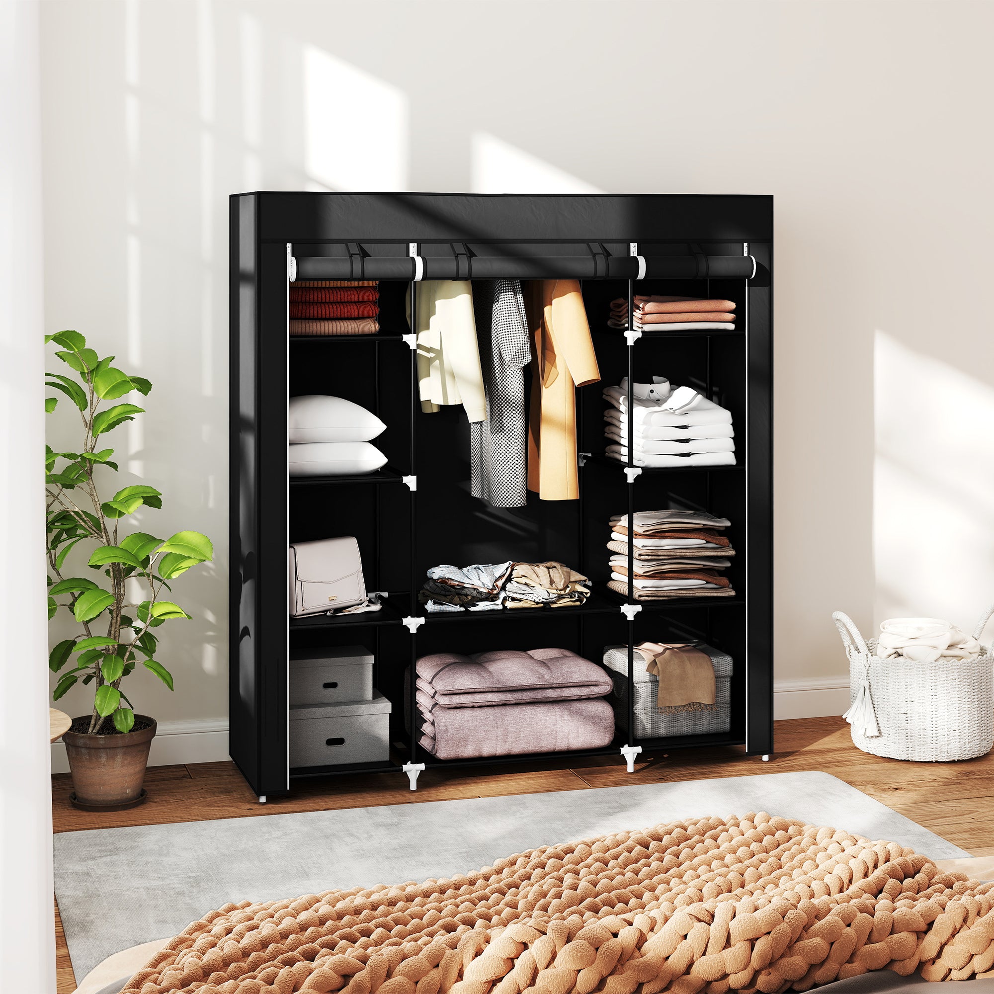 Kozy Portable Wardrobe, Foldable Fabric Wardrobe, 150 x 43 x 162.5cm, Clothes Storage Organiser with Hanging Rail, Shelves, Fabric Cover for Bedroom, Black