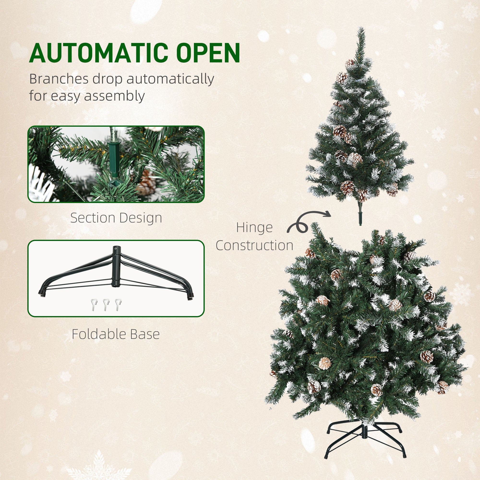 Kozy 5FT Artificial Christmas Tree with Pine Cones, Holiday Home Xmas Decoration Automatic Open, Green